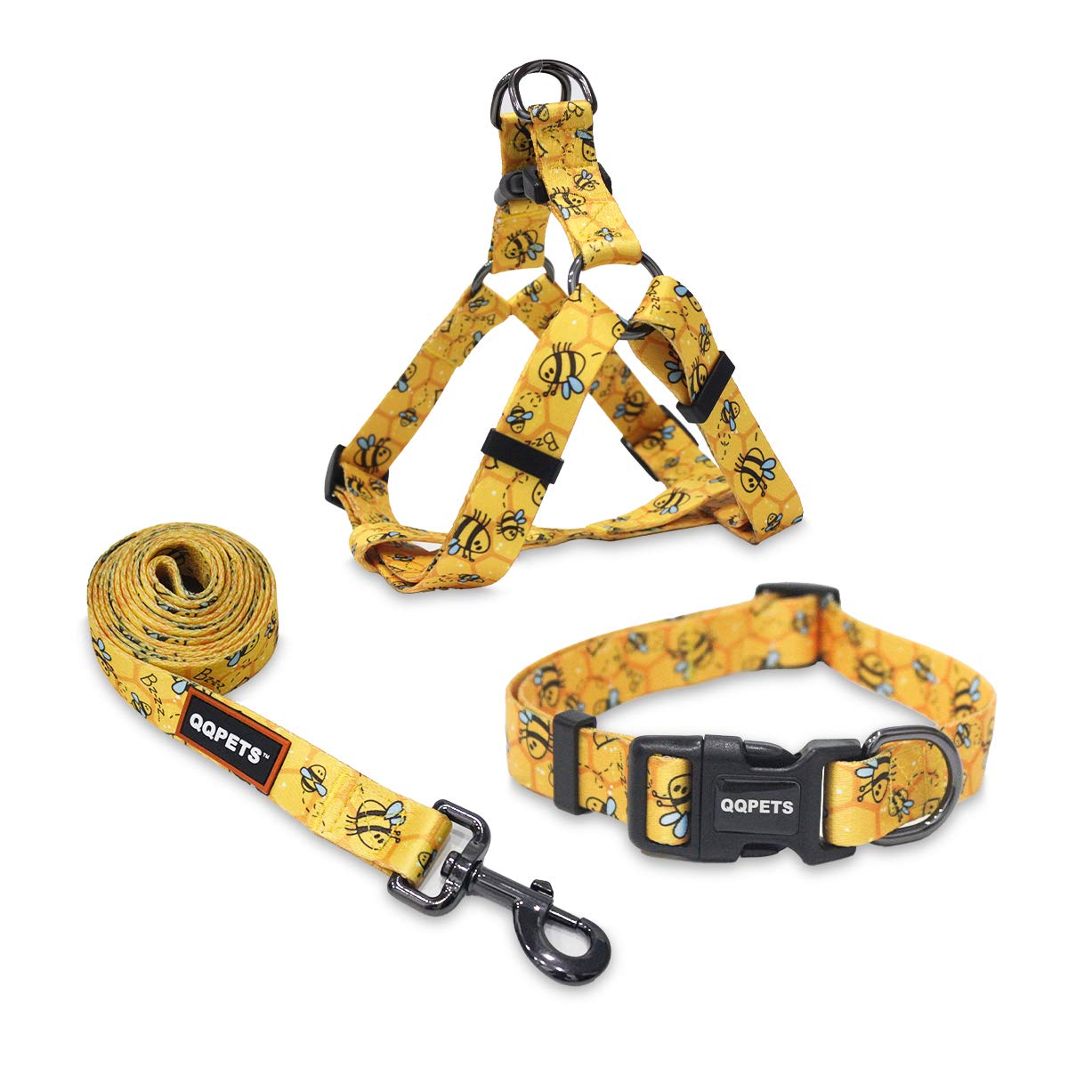 Dog Harness Collar Leash - No Pull Pet Adjustable Back Clip Halter Basic Collar Heavy Duty 5FT Anti-Twist Leash for Extra Small Puppy Medium Large Breed Training Easy Walk Running(Yellow Bee, XS)