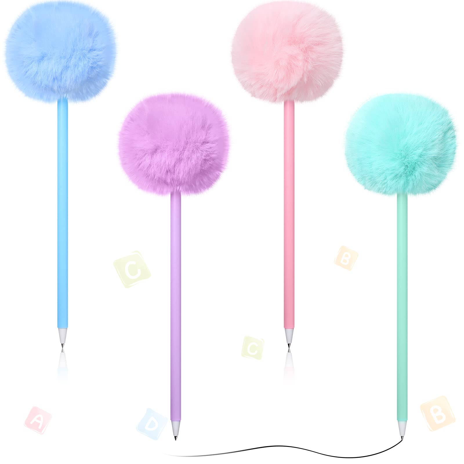 Epakh Pompom Ballpoint Pen Cute Pen Fluffy Ball Pens Plush Pens Macaron Color Ballpoint for Office School Accessory Stationery Kids Women Girls Coworkers, Pink, Blue, Purple, Green (4 Pieces)