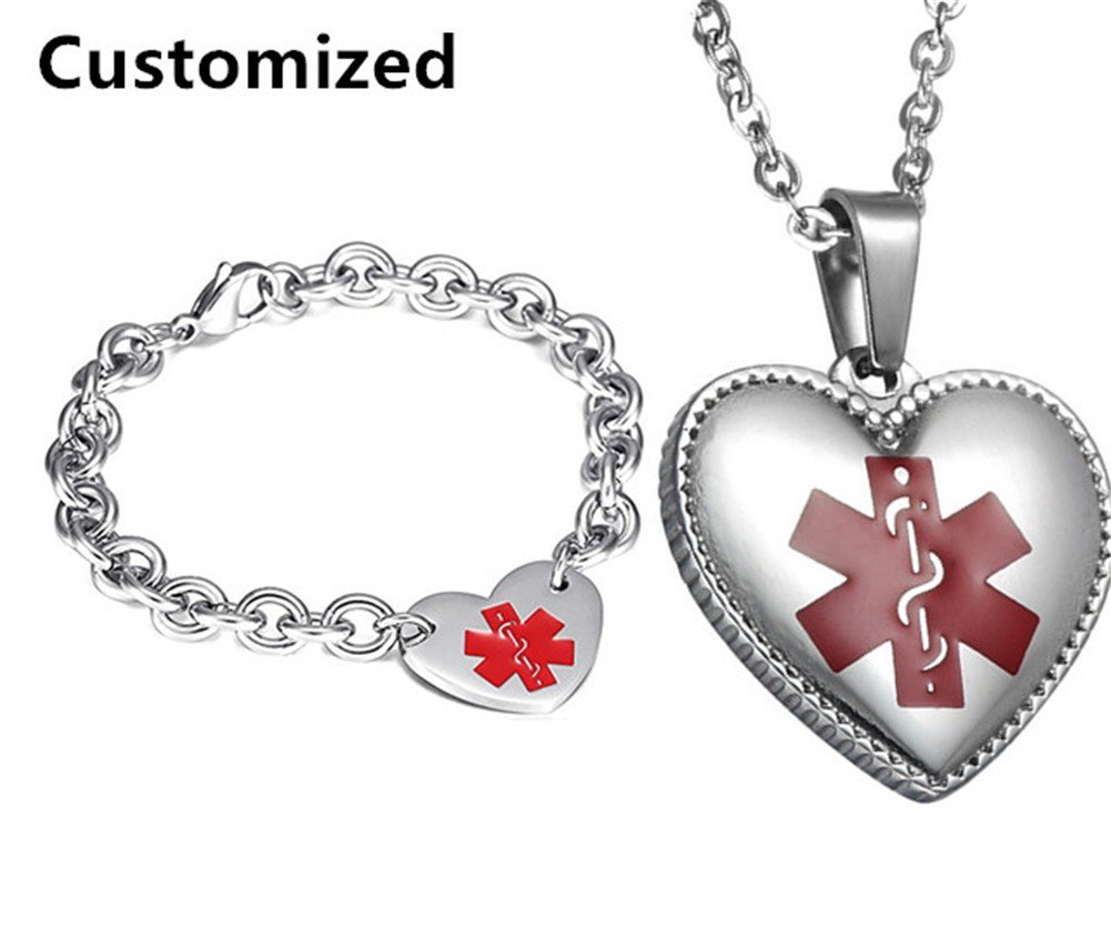 LF Stainless Steel Free Engraving Heart Medical Alert Tag ID Pendant Caduceus Necklace Set Rolo Chain Medical ID Bracelets Health Alert Jewelry Sets for Men Women(Necklace + Bracelet),Personalized