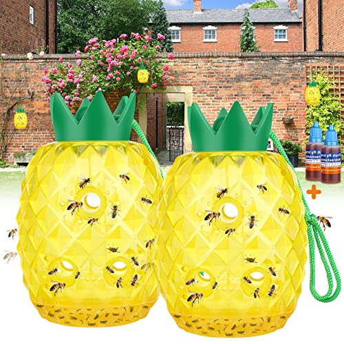 Wasp Traps Outdoor Hanging, Bee Traps Repellent Yellow Jacket Catchers Killer for Outside, Hornet Deterrent Wasp Trap Non-Toxic Reusable Hanging Traps Pineapple Shape - 2 Pack, Yellow