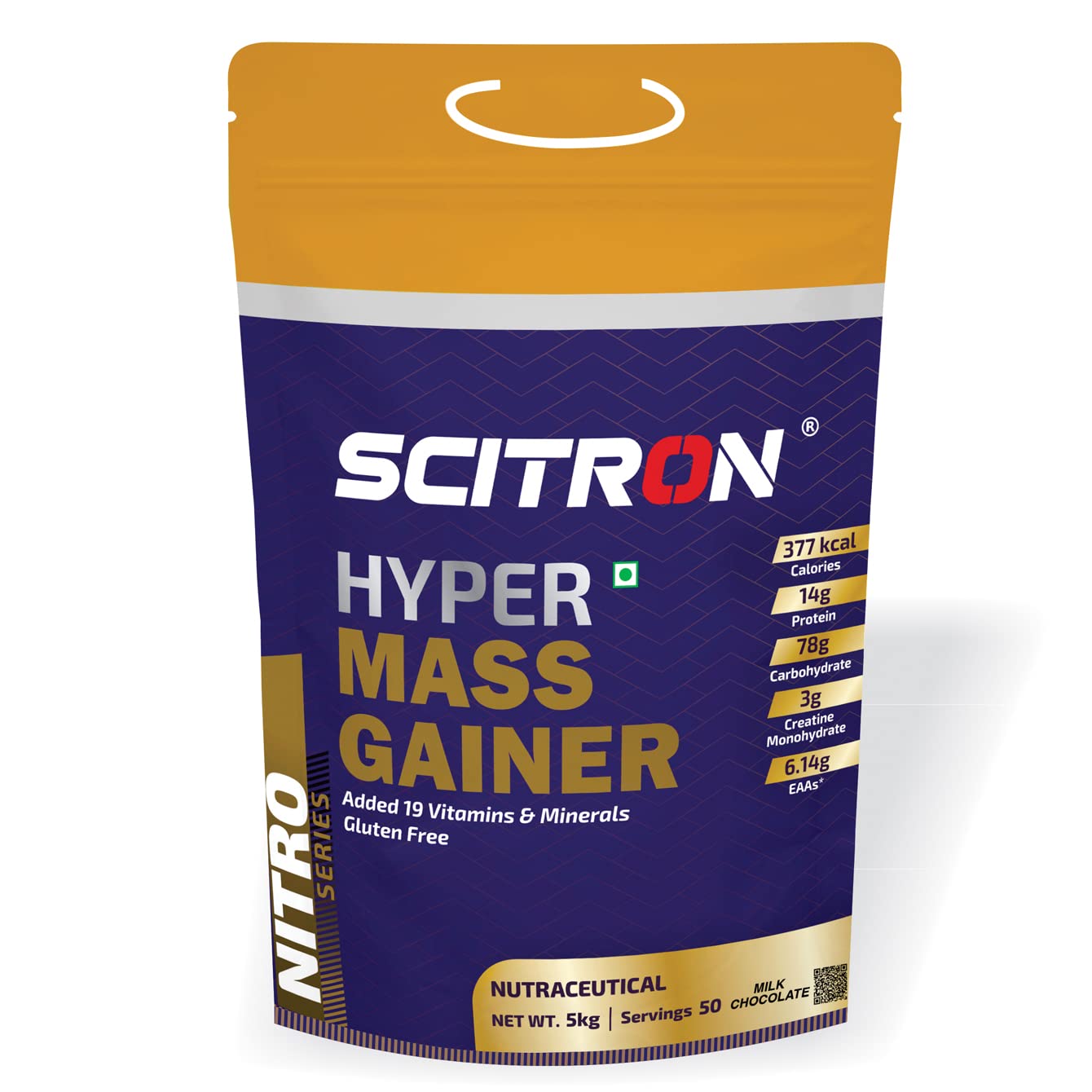 Scitron Nitro Series HYPER Mass Gainer (377 Kcal, 78g Carbs, 6.14 EAAs, 19 Vitamins & Minerals) - 5kg (Milk Chocolate)