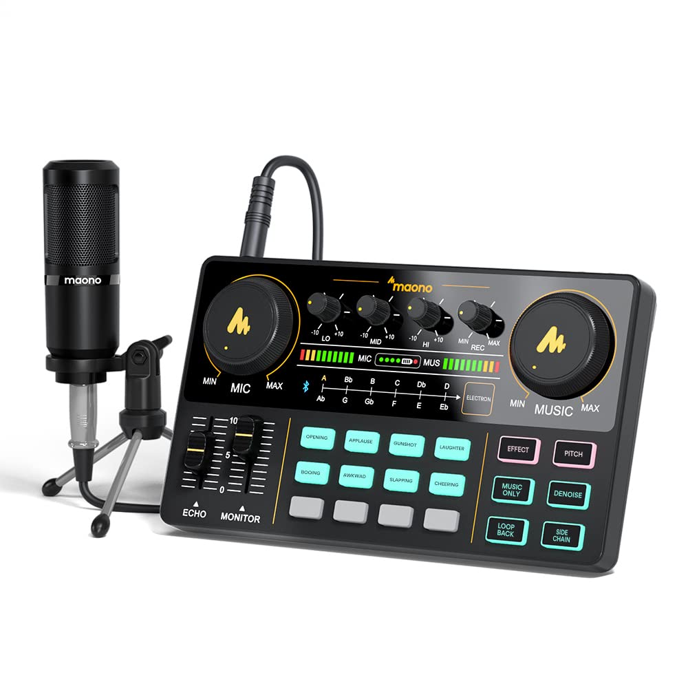 MAONO Audio Interface with DJ Mixer and Sound Card, Portable ALL-IN-ONE Podcast Production Studio with 3.5mm Microphone for Guitar, Live Youtube Streaming, PC, Recording Studio and Gaming(AU-AM200-S1)