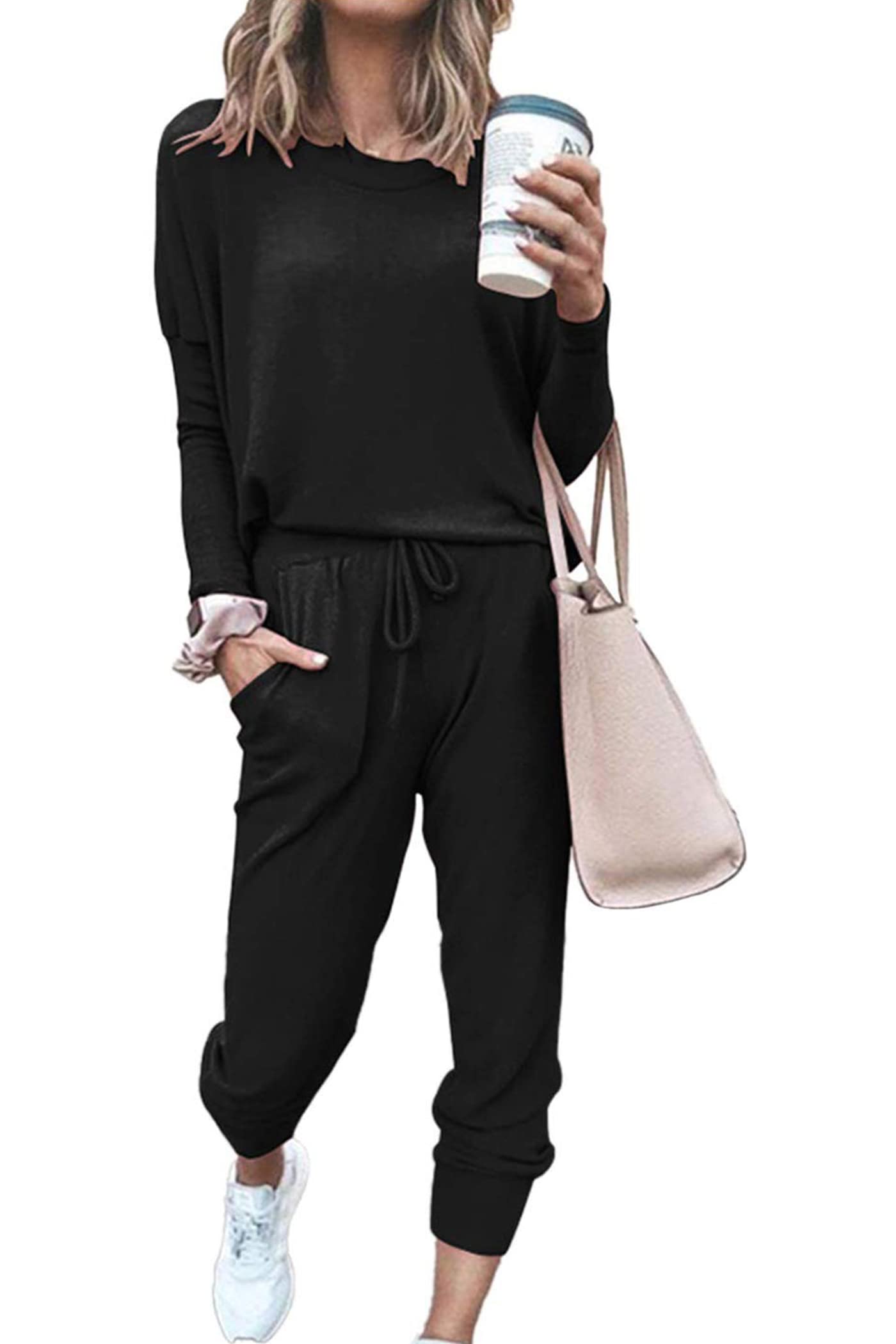 PRETTYGARDENWomen's Fall 2 Piece Lounge Outfit Long Sleeve Crewneck Pullover Tops High Waisted Pants Set Tracksuit