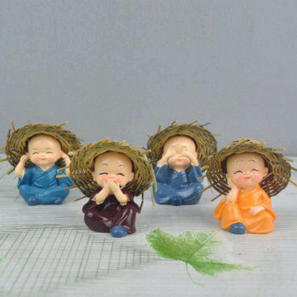 eCraftIndia Think No Evil, Speak No Evil, Hear No Evil, See No Evil Set of 4 Baby Monk Buddha Statue with Hat Decorative Showpiece for Car Dashboard, Home Office Decor & Gift Purpose