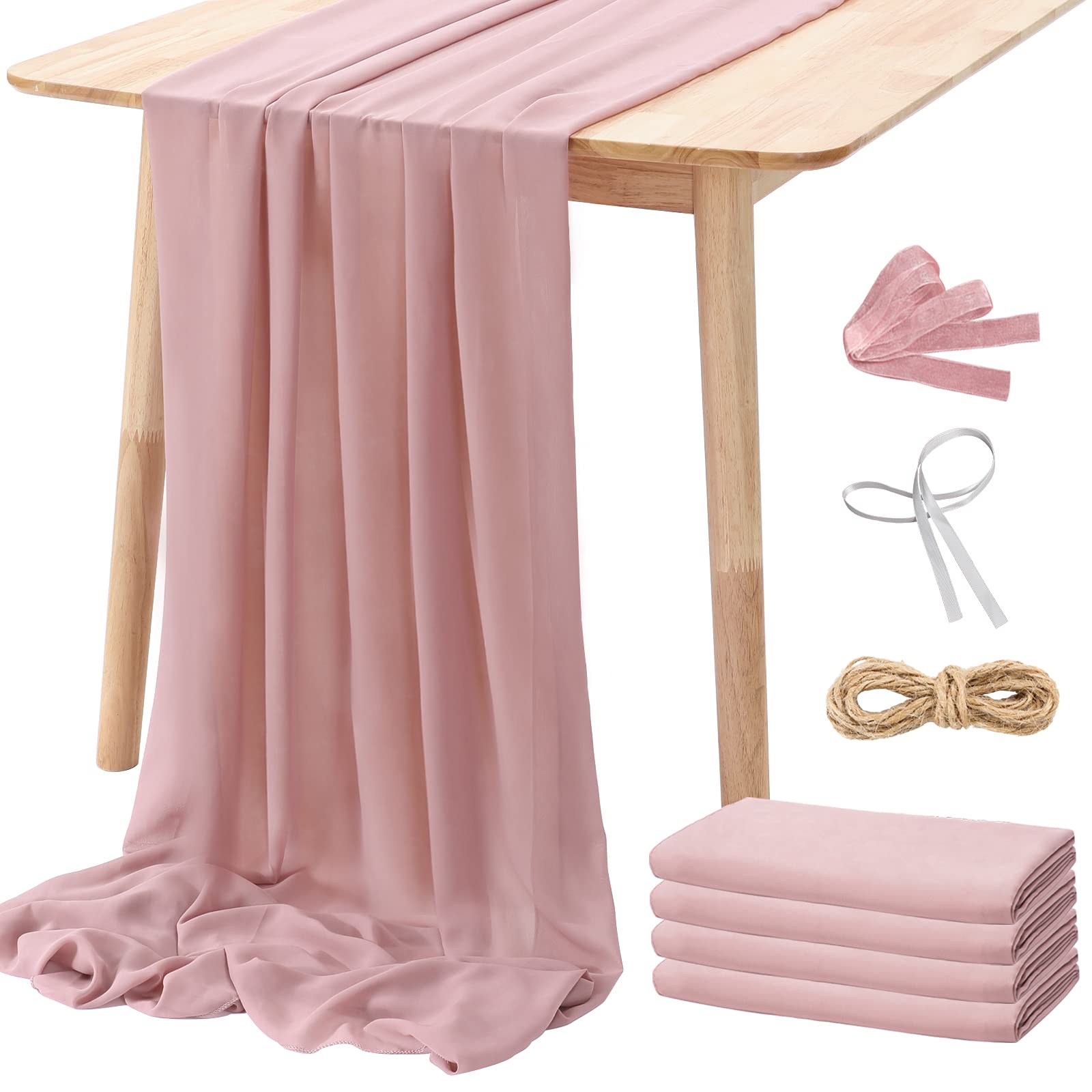 NETANY 4PCS Dusty Rose Chiffon Table Runner 29x120 Inches, Romantic Dusty Pink Sheer Fabric for Wedding Decorations, Baby Shower and Birthday Party Cake Table Decorations