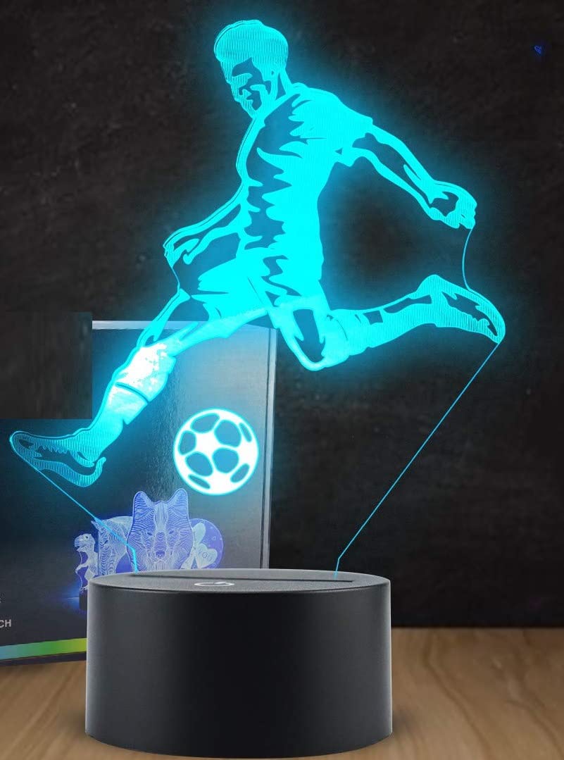 Playing Football Lamp 3D Visual Playing Football LED Nightlight Touch Switch Football Desk Lamp 7 Changing Colors Acrylic Flat Lamp with USB Charger Battery for Room Decoration Festival Gifts