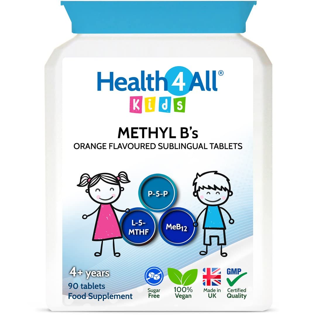 Health4All Kids Methyl B's 90 Tablets. Sublingual Vegan pre-methylated B12 Methylcobalamin, 5-Methylfolate and P-5-P for Children for Stress & Mood Support