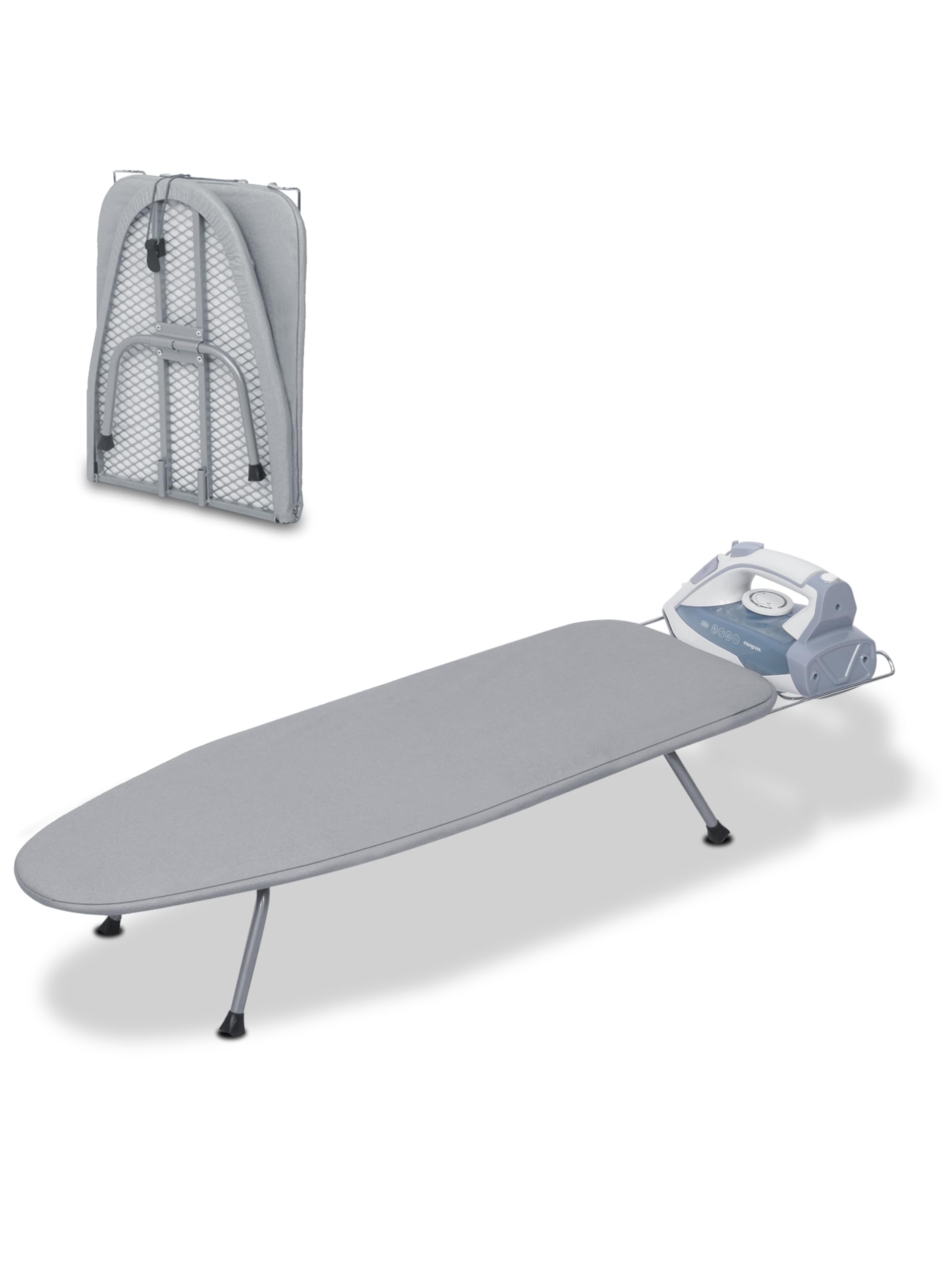 Ironing Board, Small Iron Board with Iron Rest, Mini Tabletop Ironing Board with Heat-Reflective Cover and 100% Cotton 8mm Thicken Pad, 31.5"x11.8"x6.2", Silver