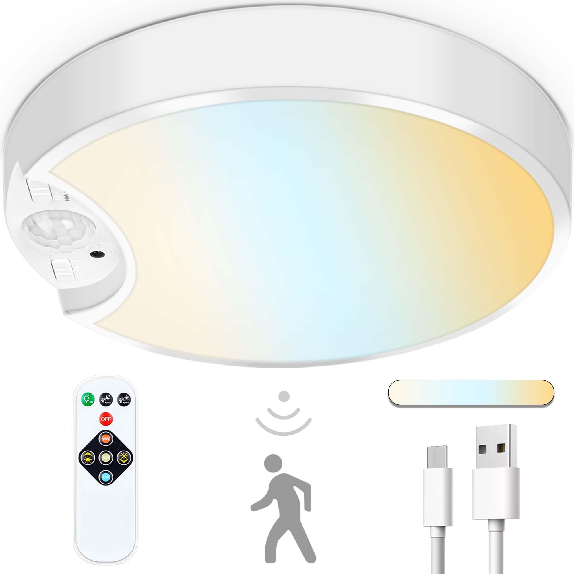 Motion Sensor Ceiling Light, Rechargeable Motion Senor Light with 10 Adjustable Brightness and 3 Color Temperatures, Battery Operated LED Ceiling Light Ideal for Hallway, Porch and Stair