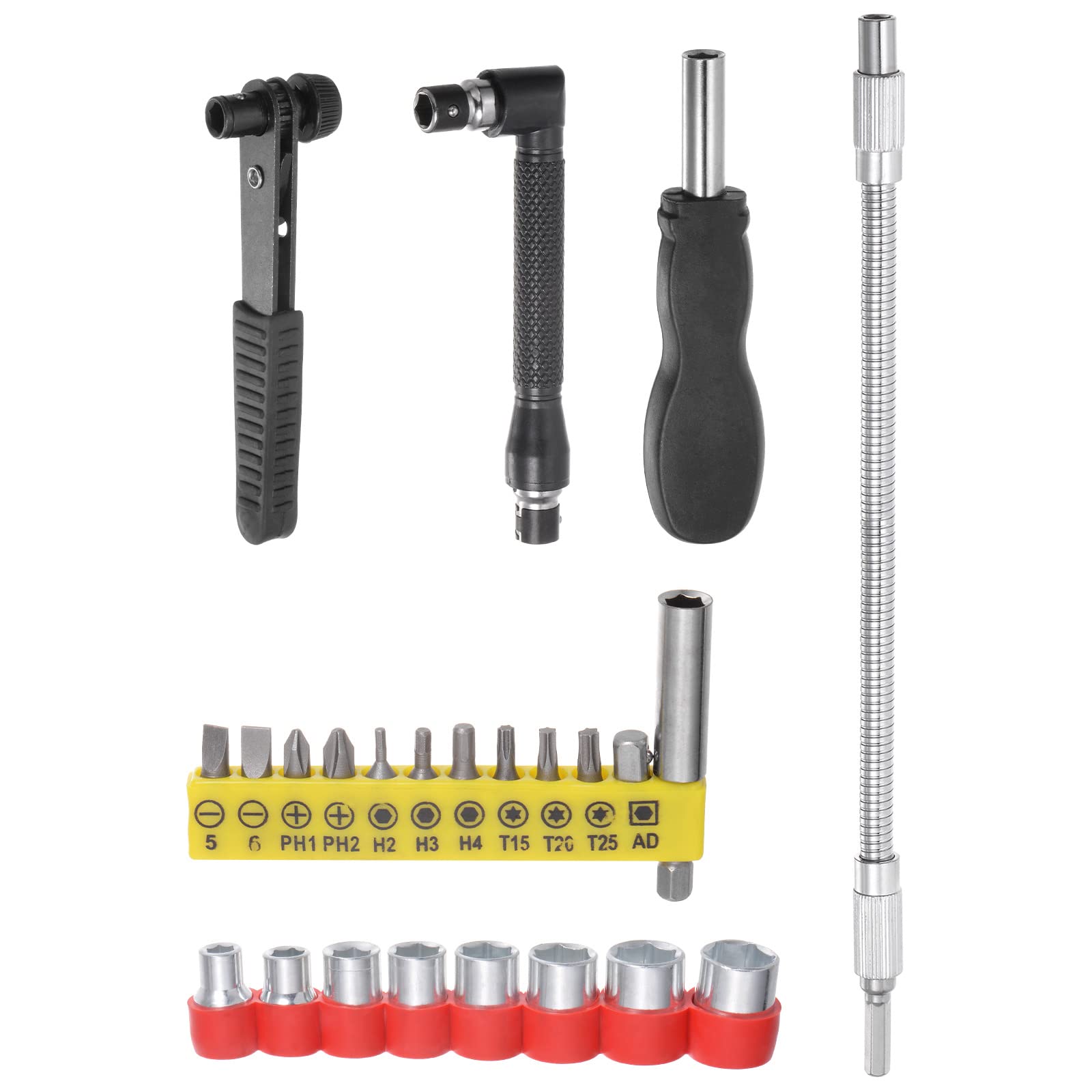 sourcing map Flexible Drill Bit Extension Kits, 24pcs Screwdriver Bit Set 1/4" Hex Shank Screw Driver Kit Handle Tools with 300mm Flexible Extension Bit Shaft