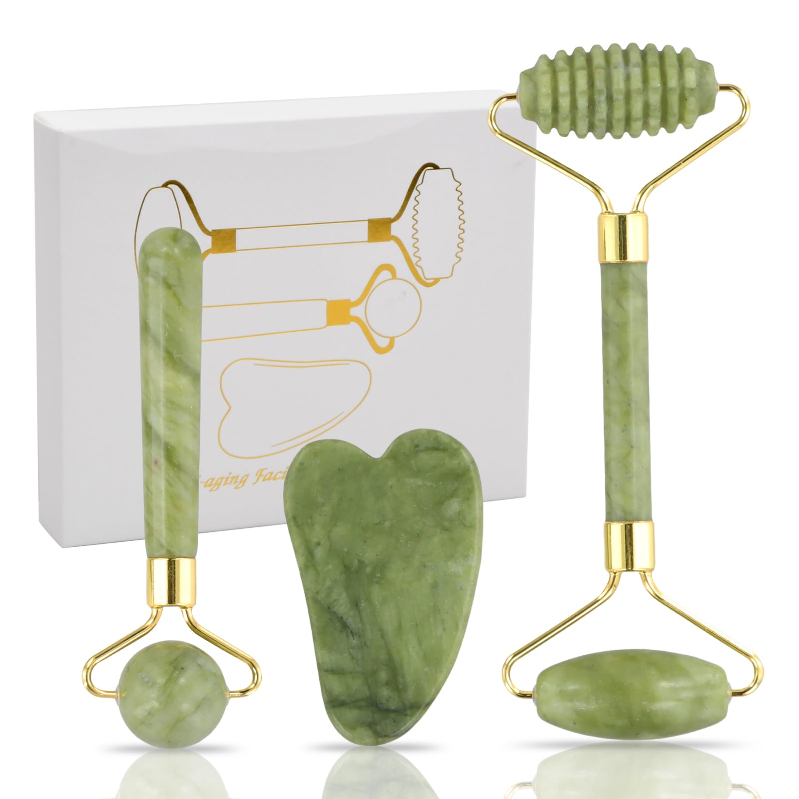 YILANJIN Jade Roller and Gua Sha Set, Natural Jade Face and Eye Massager Tools, Facial Roller and Gua Sha Stone for Beauty, Face Massage