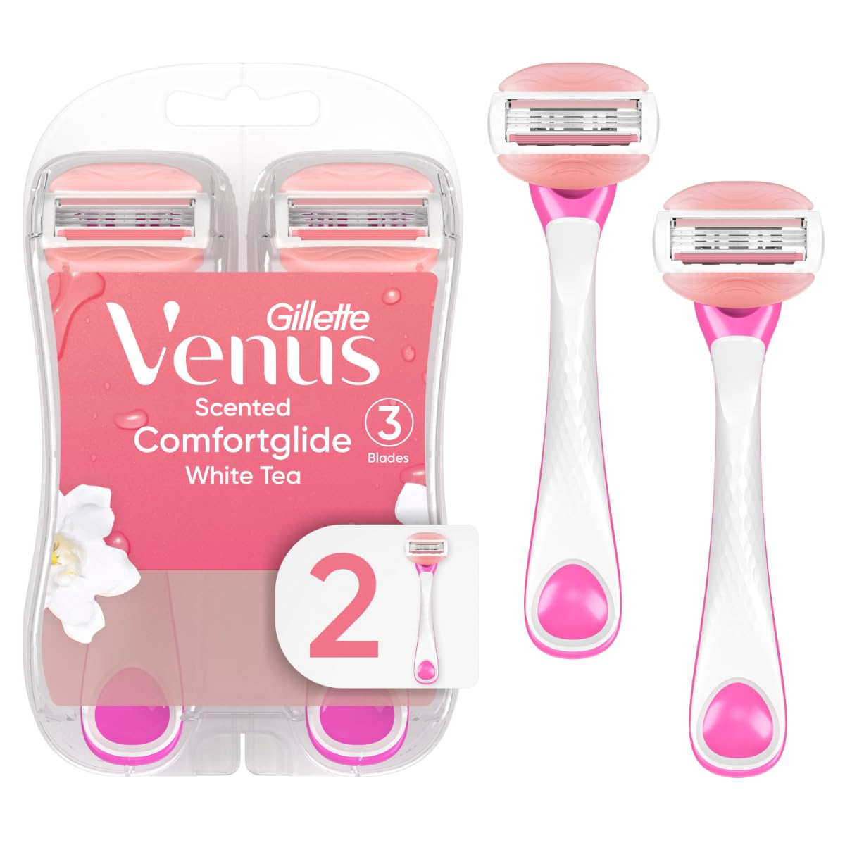 Gillette Venus ComfortGlide Disposable Razors for Women, 2 Count, White Tea Scented Moisture Bars for a Smooth Shave