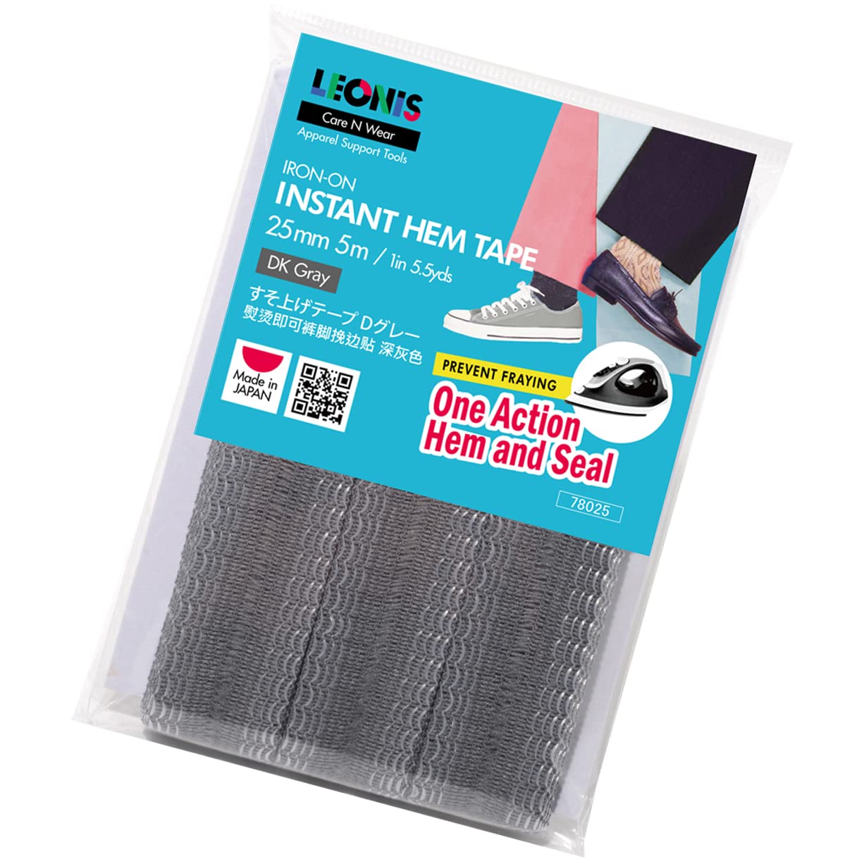 LEONIS Polyester Iron-On Hem Clothing Tape 1inch x 5.5yd (25mm x 5m) Dark Gray [ 78025 ]