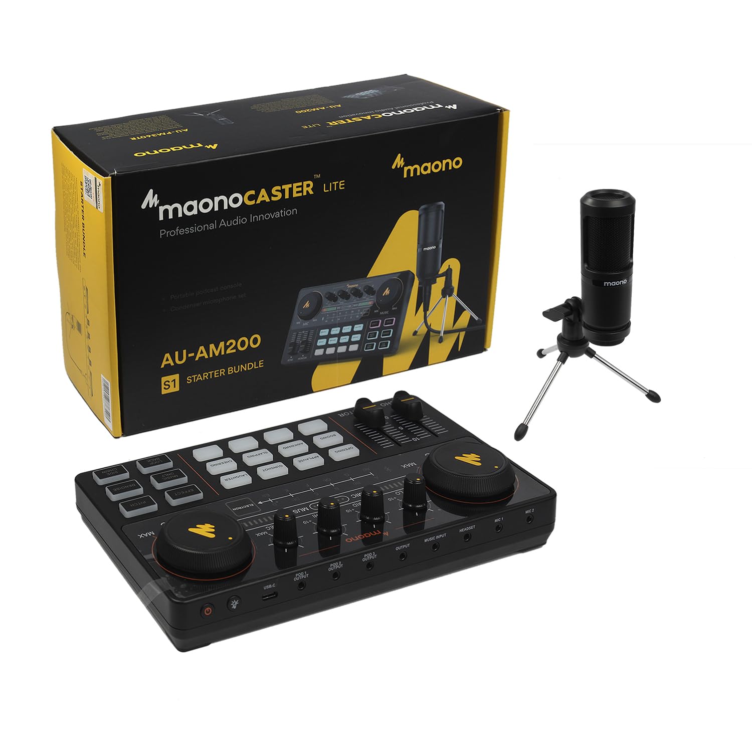 MAONO Maonocaster AU-AM200S1 Lite Portable All-In-One Podcast Production Studio With Microphone And Audio Interface for Podcast, Games - Black