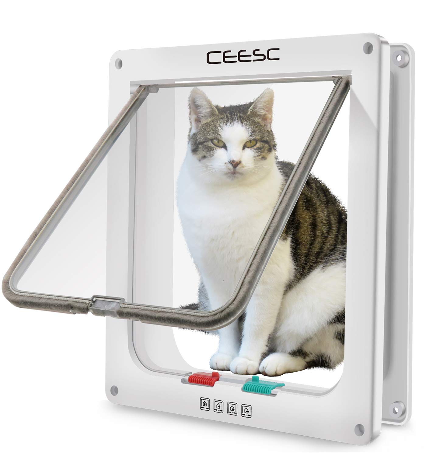 CEESC Extra Large Cat Door (Outer Size 11"x9.8"), Weatherproof, White, ABS Material, 4-Way Locking Flap for Cats & Dogs up to 25.54 lbs