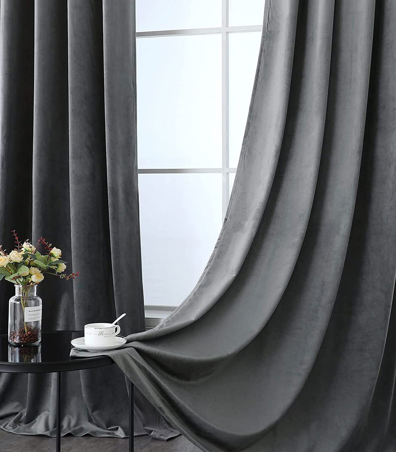 HOMEMONDE Silk Soft Velvet Curtains Set of 2 - Long Door 9 Feet Panels for Living Room, Bedroom, Drapes, Grey - 108 Inches