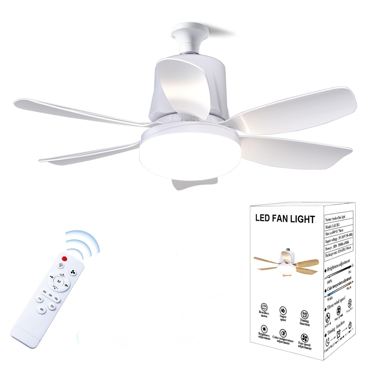 Socket Ceiling Fans with Lights and Remote - Socket Fan Light with Dimmable Led Light Bulb, Super Quiet Fan, Adjustable Speed Fan, Adjustable Light Settings - Househole, Supermarket, Garage(White)