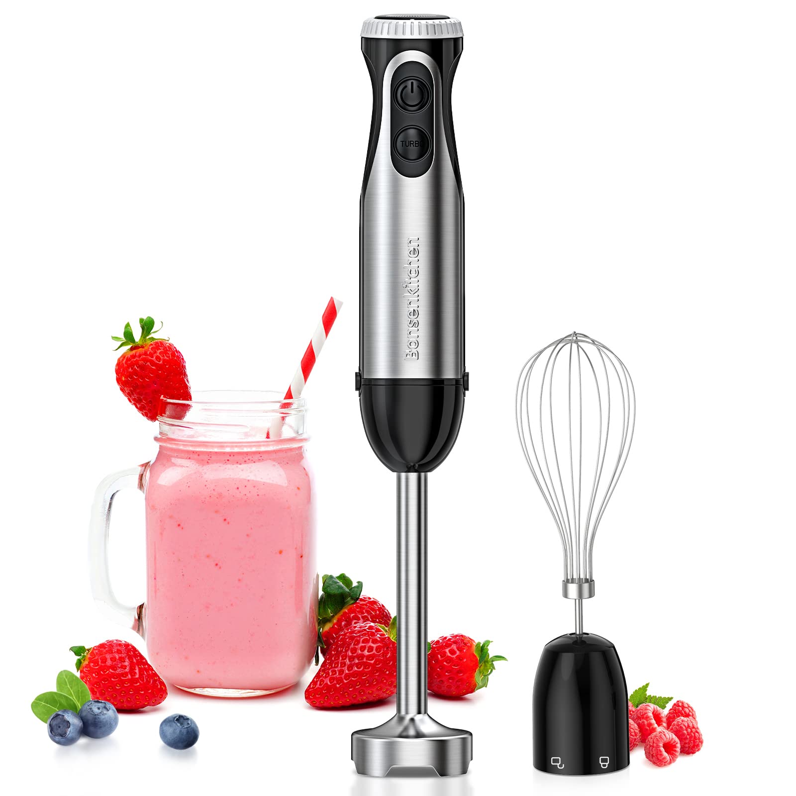 Bonsenkitchen2-in-1 Immersion Hand Blender 500W Multipurpose with Whisk, 20 Speeds and Turbo Mode, 304 Stainless Steel for Smoothies, Baby Porridge and Soup