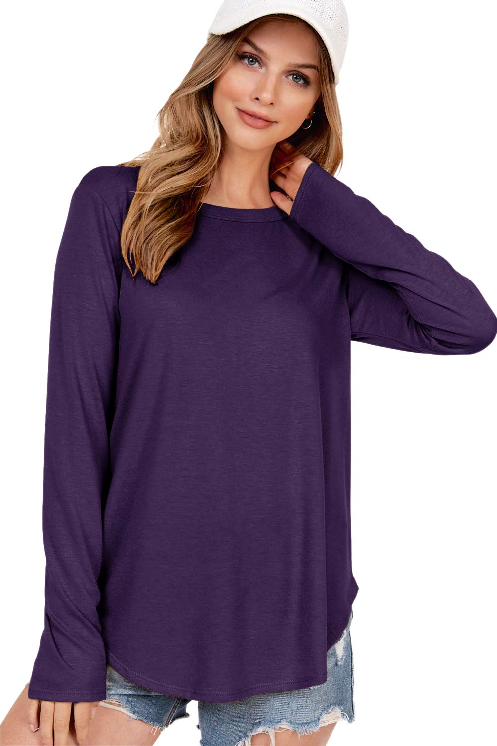 Women's Casual Soft Jersey Knit Round Neck Long Sleeve Loose Tunic Sweater Top