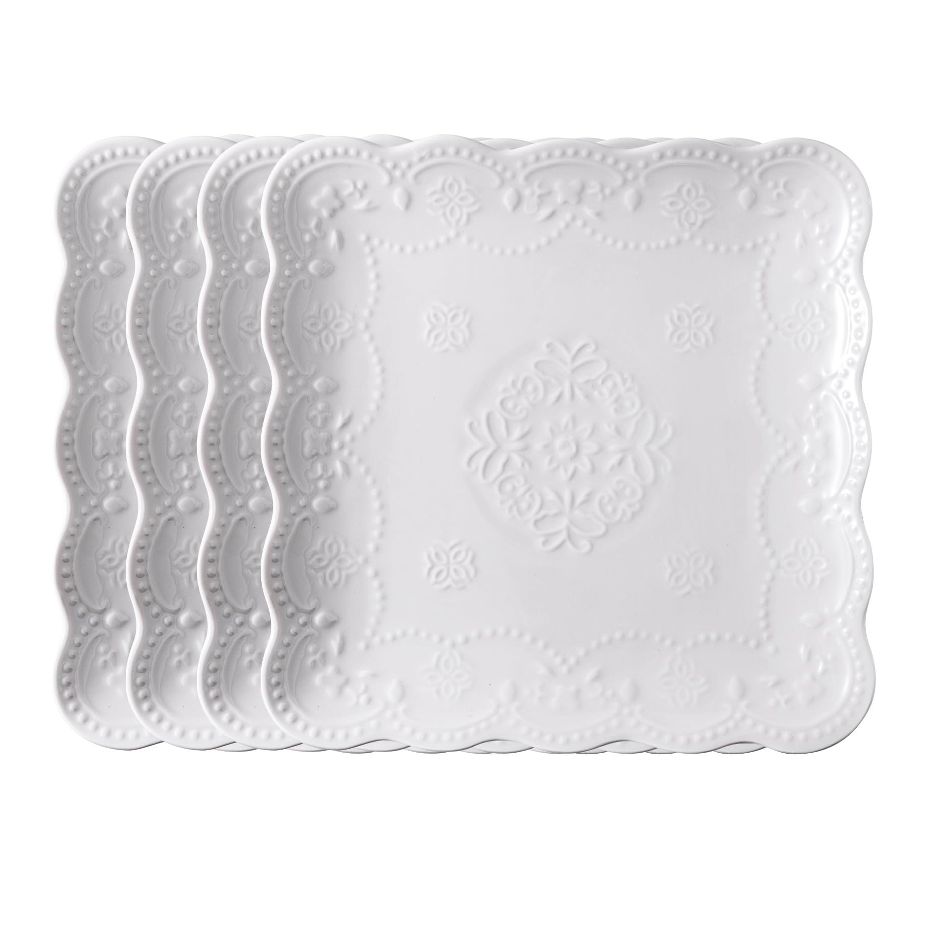 Jusalpha Set of 4-Square Embossed Lace Ceramic Plate-Dinner Plate Set, Pasta/Salad/Dessert Plate Dishwasher MicrowaveTableware Set for Restaurant Family Party Kitchen Use (White, 10 Inches)