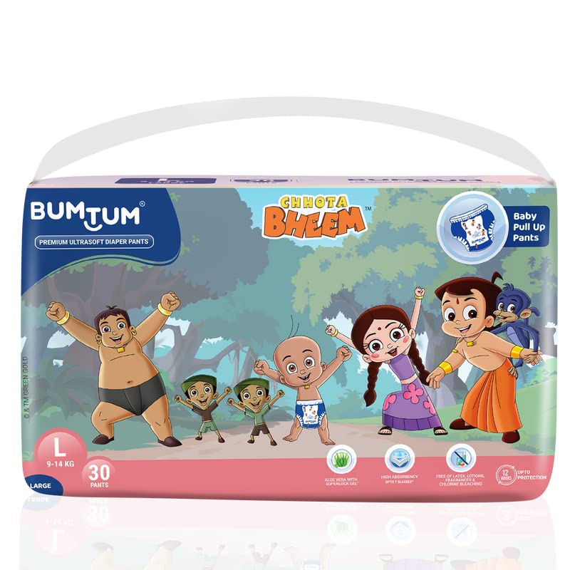 Bumtum Baby Chota Bheem Diaper Pants, Large/l Size, 30 Count, Double Layer Leakage Protection Infused With Aloe Vera, Cottony Soft High Absorb Technology