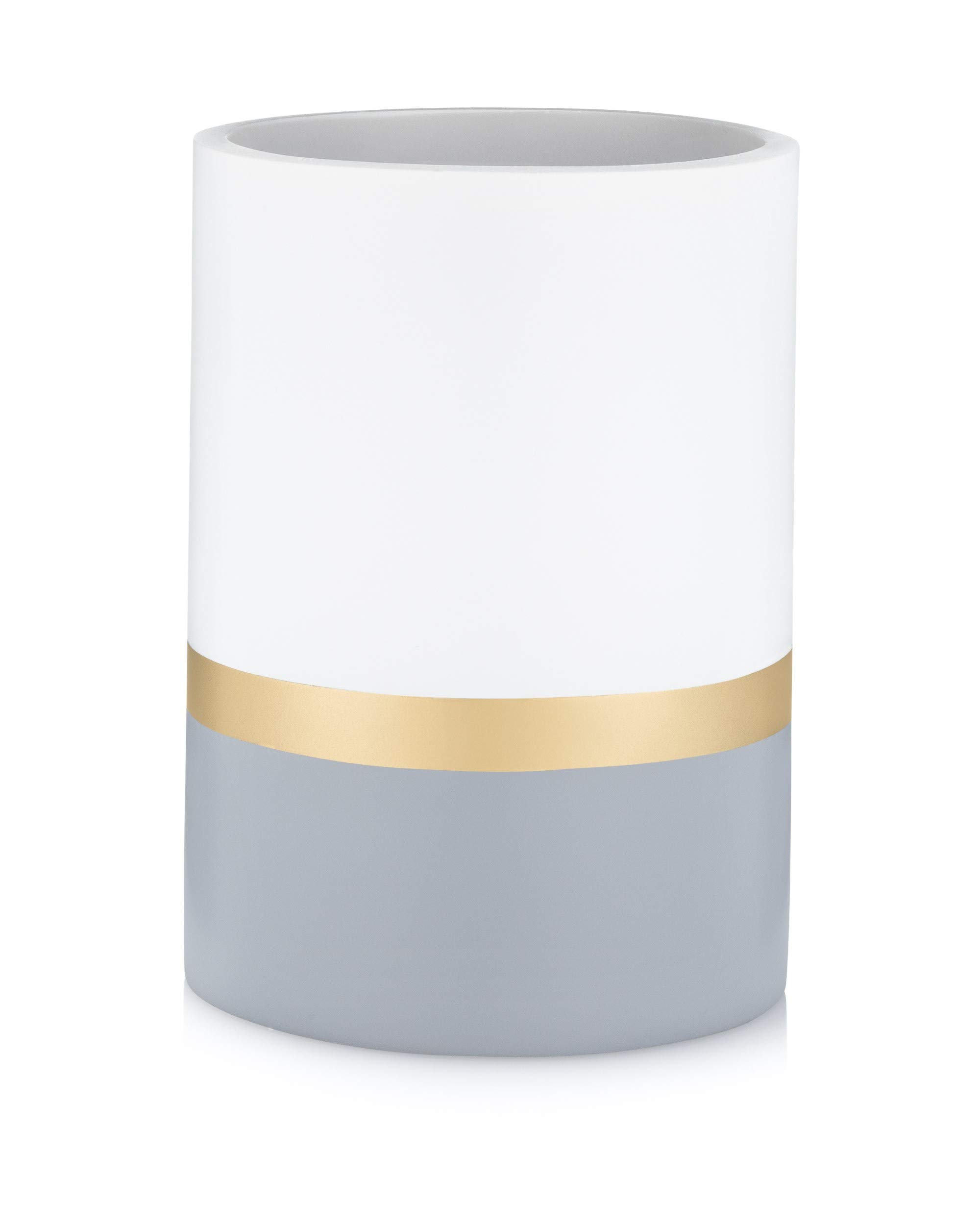 Essentra Home Day and Night Collection White and Grey with Gold Stripe Bathroom Tumbler Cup for Vanity Countertops Also Great As Makeup Brush Holder and Pencil Pen Holder