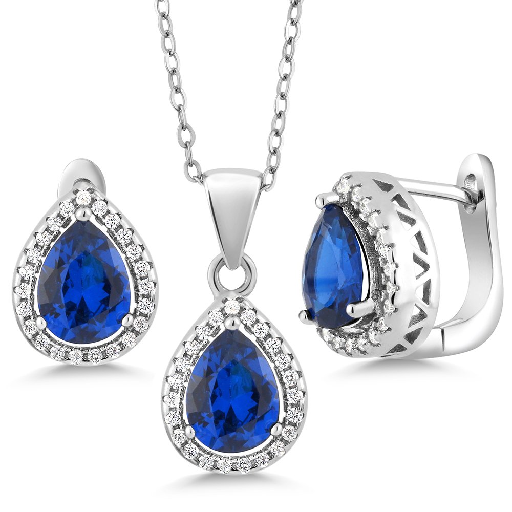 Gem Stone KingPendant and Earrings Jewelry Set For Women | 925 Sterling Silver | Blue Simulated Sapphire Green Nano Emerald or Red Created Ruby | 6.50 Cttw | Pear Shape 9X7MM | with 18 Inch Silver Chain)