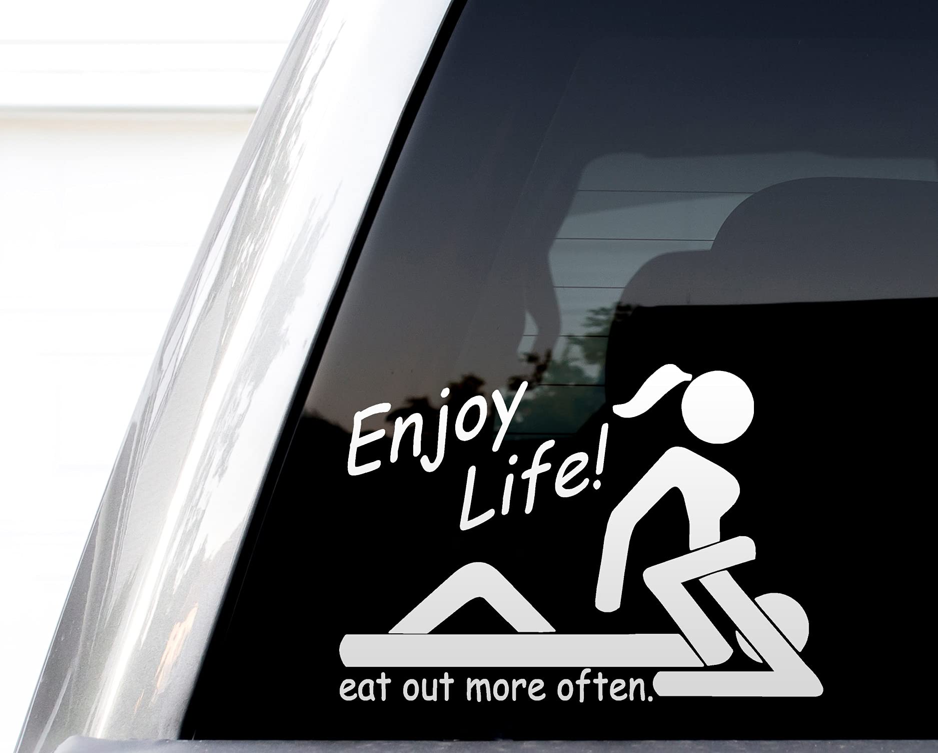 Enjoy Life! Eat Out More Often Vinyl Decal, H 5.5 By L 8 Inches, I Love Sushi Sticker, Funny Van Decals, Vinyl Stickers, Truck Car Laptop Window Wall Hardhat, Trucker Essential Bumper Sticker, Don't Park Too Close I'm Fat Decal (Silver)