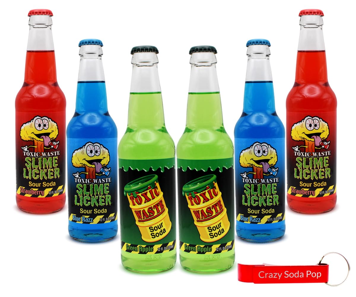 Toxic Waste Soda Variety Pack| 6 Pack of 3 Unique Pucker Inducing Flavors of Soda Pop with Real Cane Sugar | 12 oz Glass Bottles in a Mixed 6 Pack Sampler with Crazy Soda Pop Bottle Opener