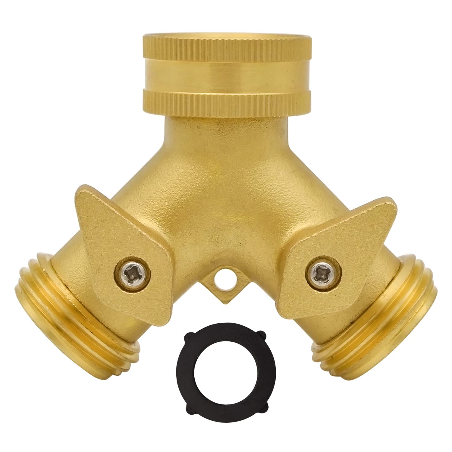 HYDRO MASTER Heavy Duty Brass 2 Way Y Splitter Garden Hose with Comfortable Grip Shut Off Valves, Adapter for Water Tap, Outlet, & Spigot, Includes Extra Rubber Washers