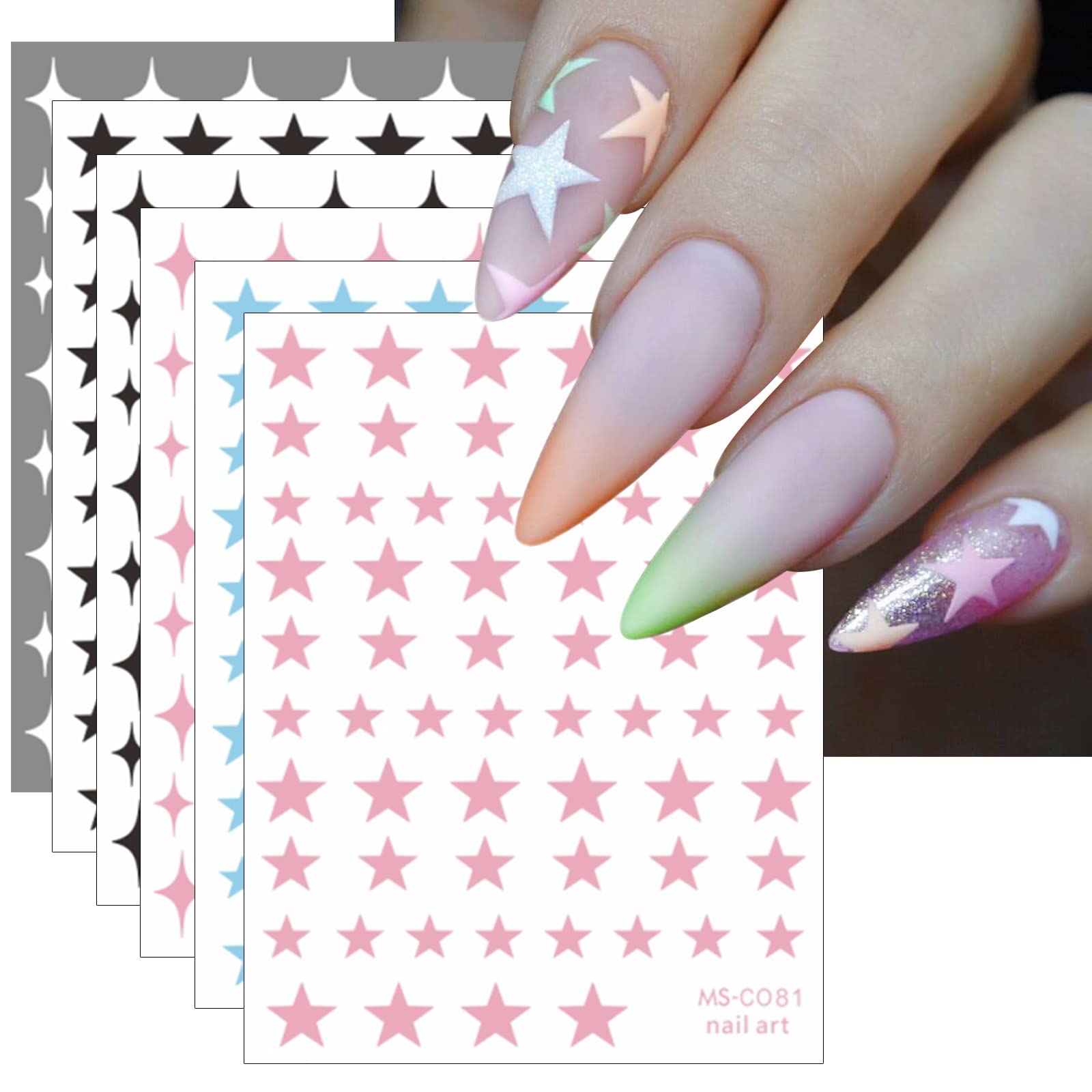 JMEOWIO 10 Sheets Colorful Star Nail Art Stickers Decals Self-Adhesive Platinum Black Silver Nail Supplies Nail Art Design Decoration Accessories