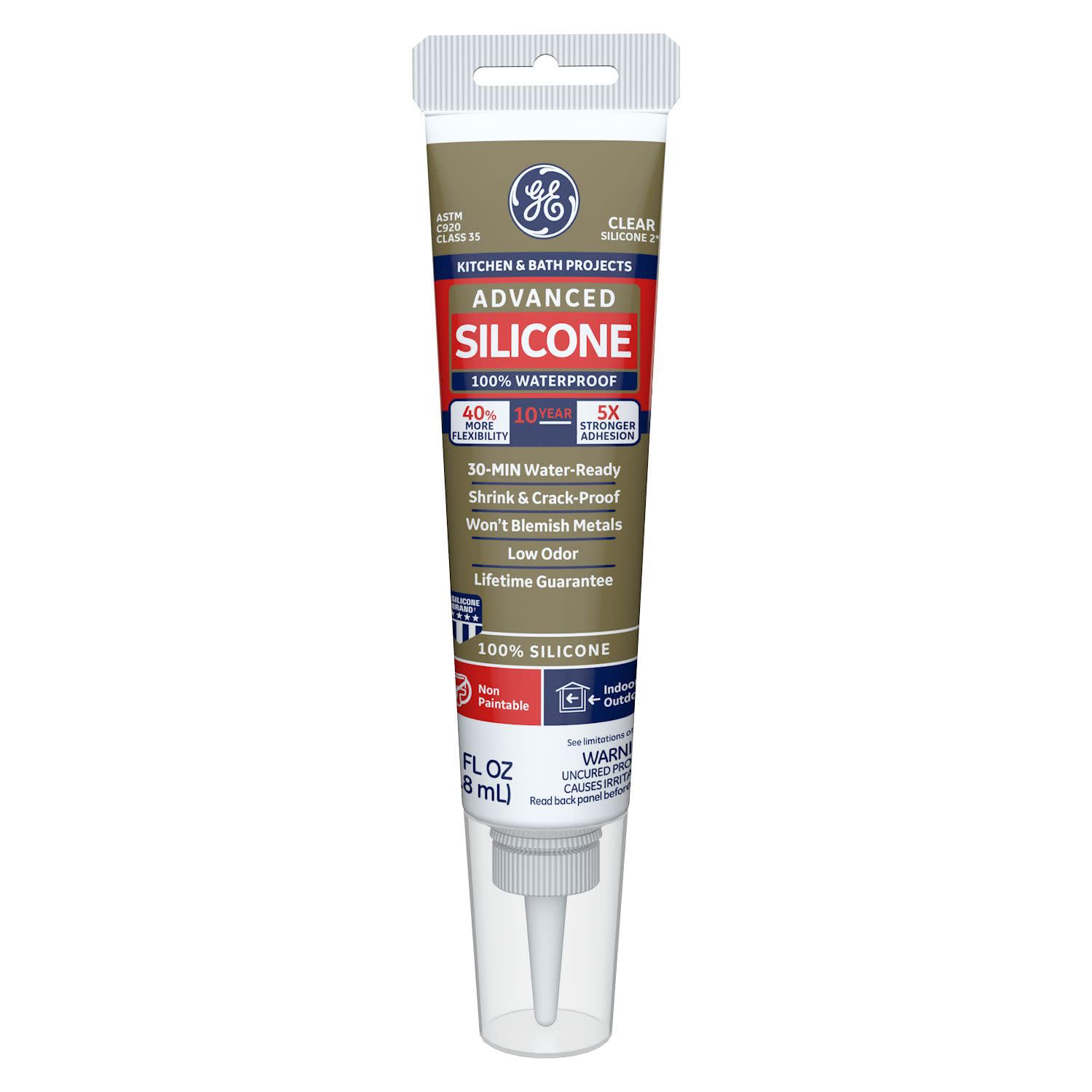 GE Advanced Silicone Kitchen & Bath Sealant Clear, 2.8 fl oz, Tube 1-Pack