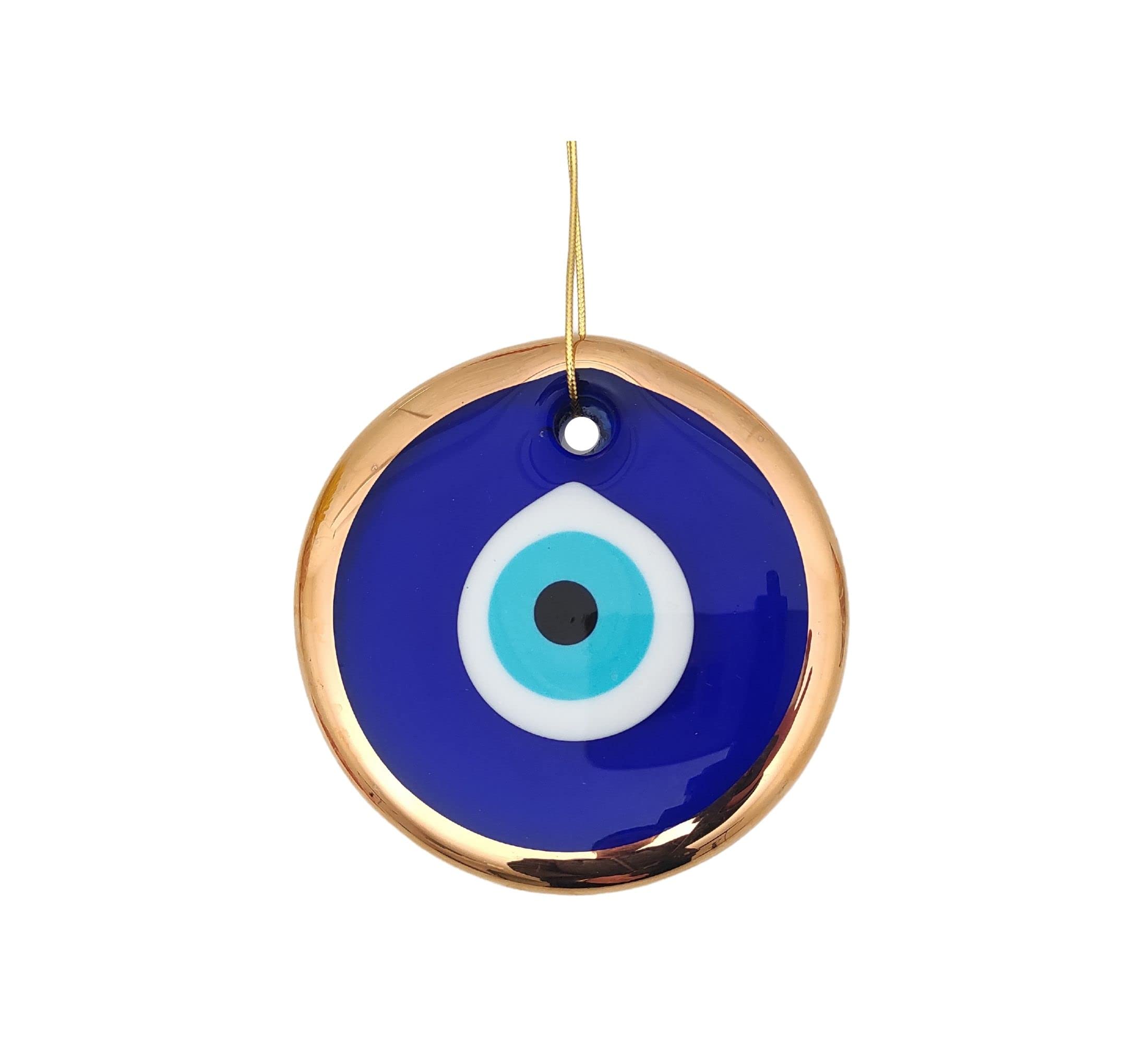 Erbulus 3.5" Glass Blue Evil Eye Wall Hanging Gold Ornament - Turkish Nazar Bead - Home Protection Charm - Wall Decor Amulet in a Box (Medium)