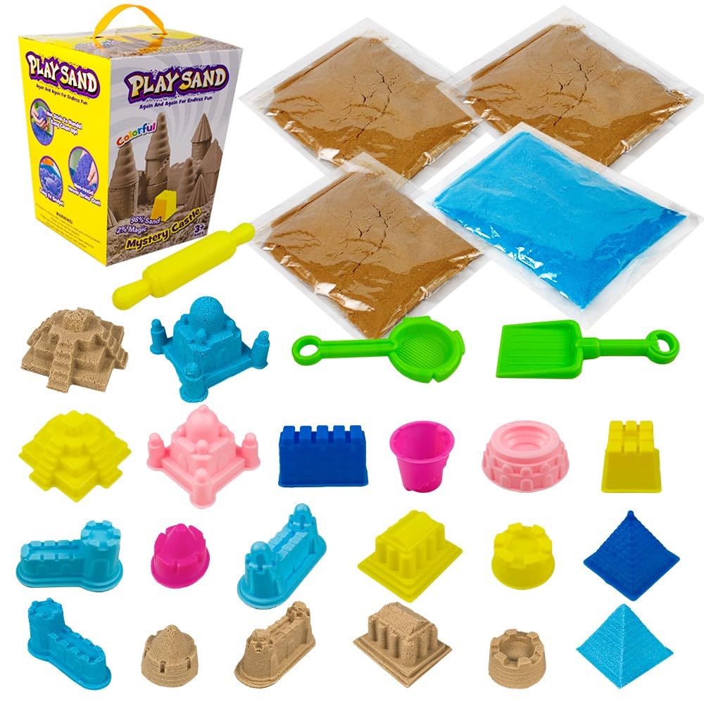 UKR Moldable Play Sand Kit Craft for Kids 908g/0.9kg Colorful Sensory Reusable Sand Mystery Castle Molds Tools DIY Educational Learning Indoor Outdoor Play (Mystery Castle)