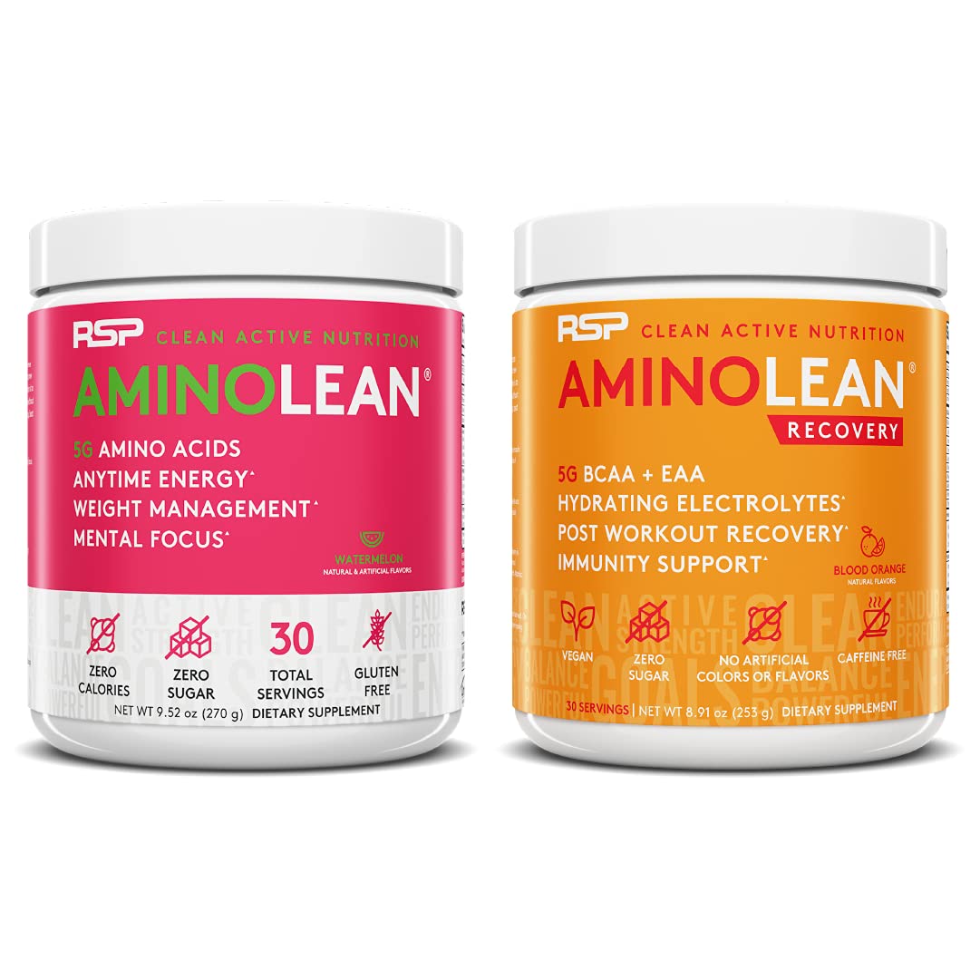 RSP NUTRITION AminoLean Pre Workout Energy (Watermelon 30 Servings) with AminoLean Recovery Post Workout Boost (Blood Orange 30 Servings)