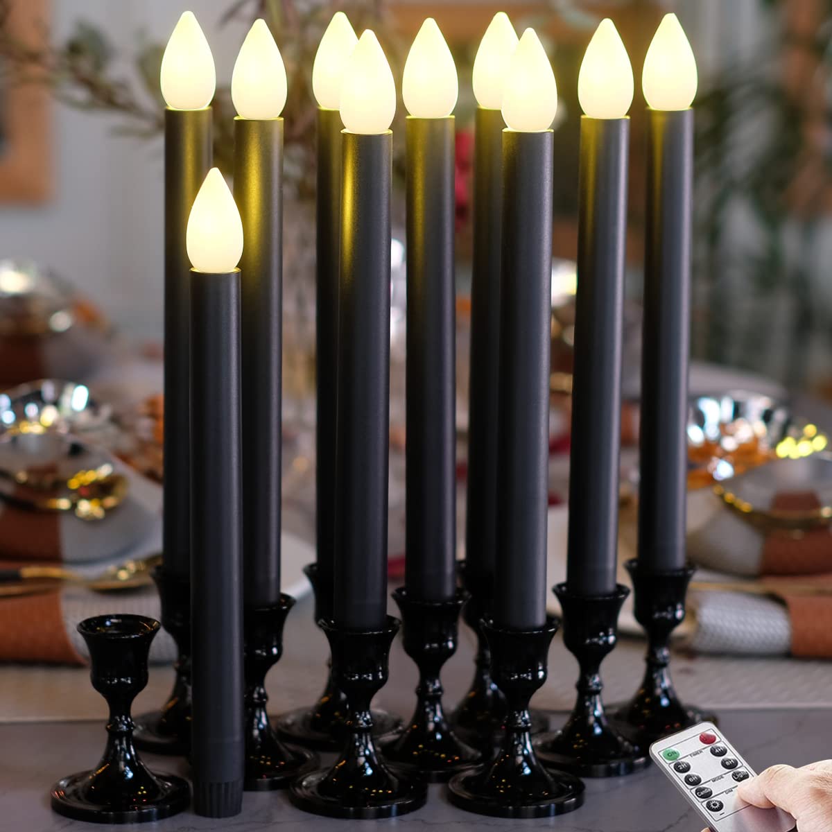 FCDS&L 10 Pack Black LED Candles with 2 Remote +10 Black Candlesticks, Flameless Battery Operated Decor Candle, Flickering Warm White LED, Timer Function