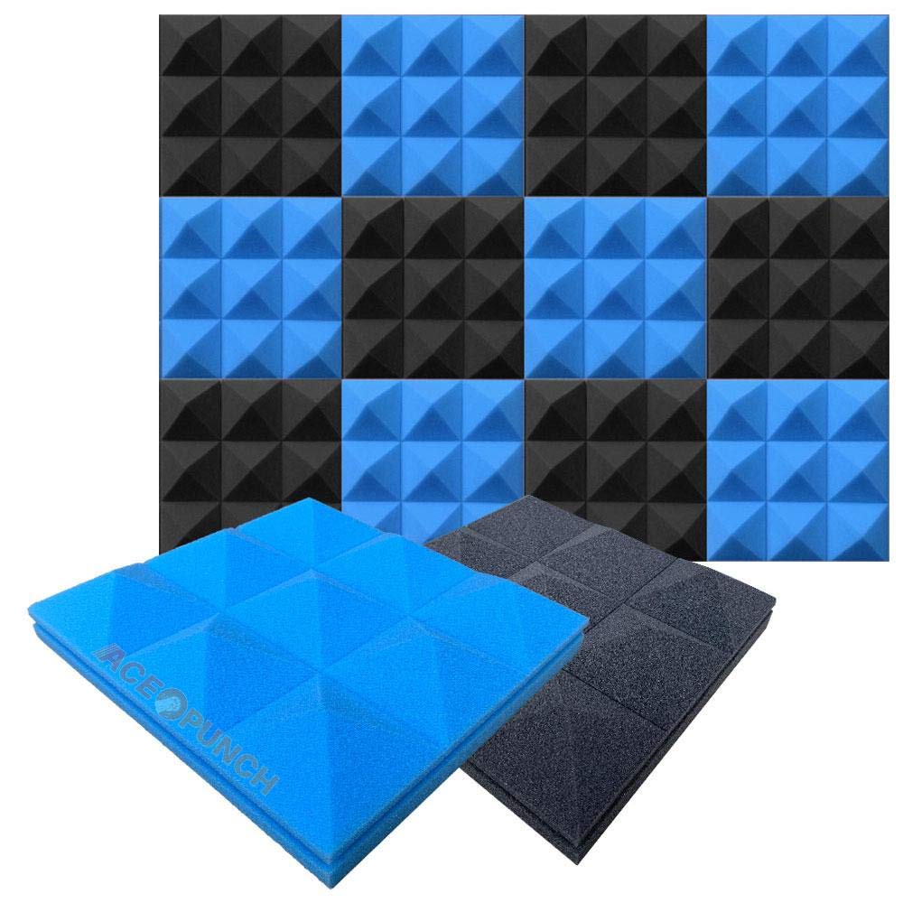 Acepunch New 12 pcs Black & Blue Pyramid Plus PRO Series for Sound Absorbation Foam Studio Home Recording Wall Decor 30x30x7cm AP1194