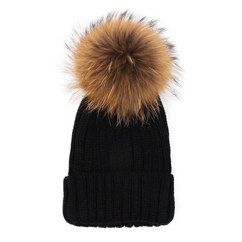 Kids Beanie with Pom, Crochet Knit Fur Hat with Real Fur Pom Pom Bobble Winter Beanie Hat Black 46-51cm