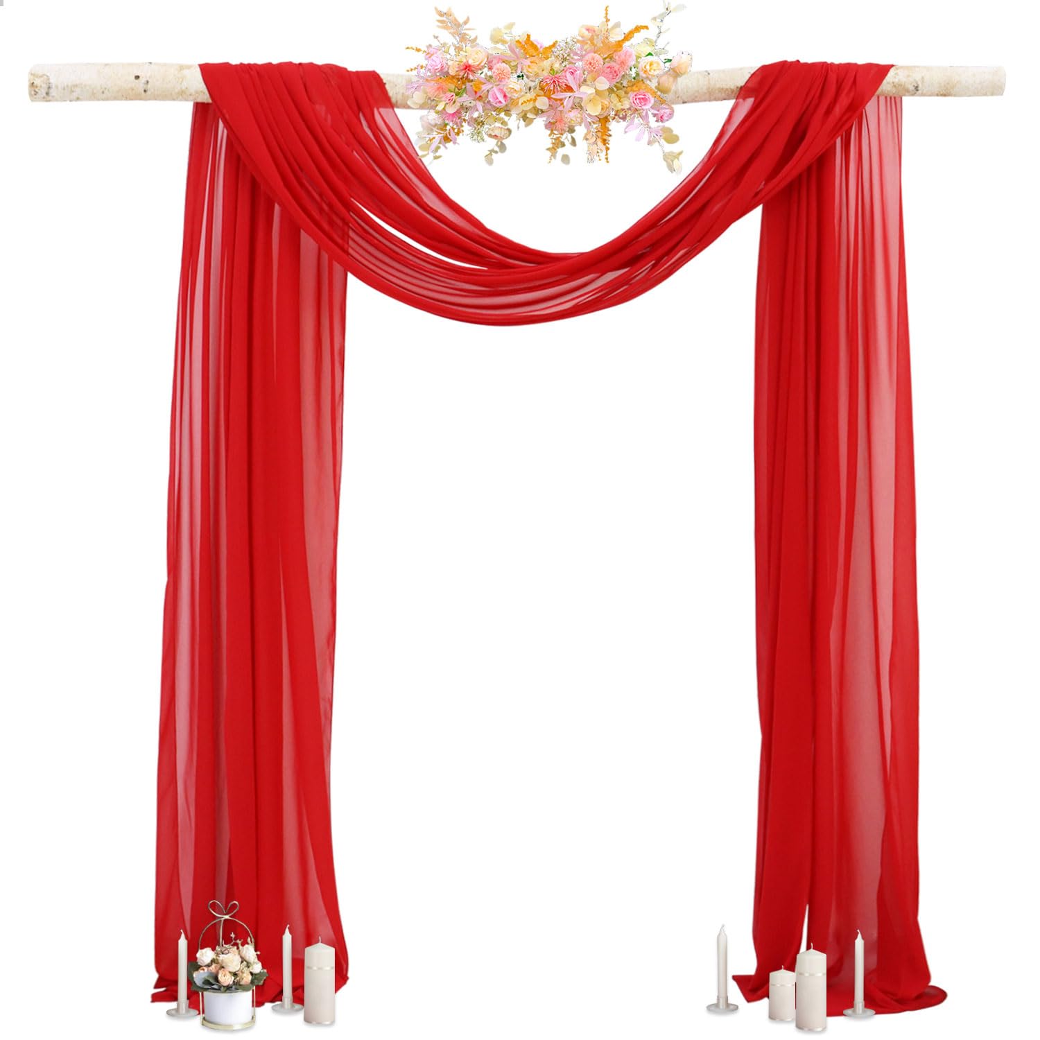 PATYDESTWedding Arch Draping Fabric Red Drapery 20FT Sheer Chiffon Backdrop Curtains 1 Panel Sheer Arch Fabric Drape Arch Decorations for Wedding Ceremony Wedding Archway Drapes Party Ceiling Decor