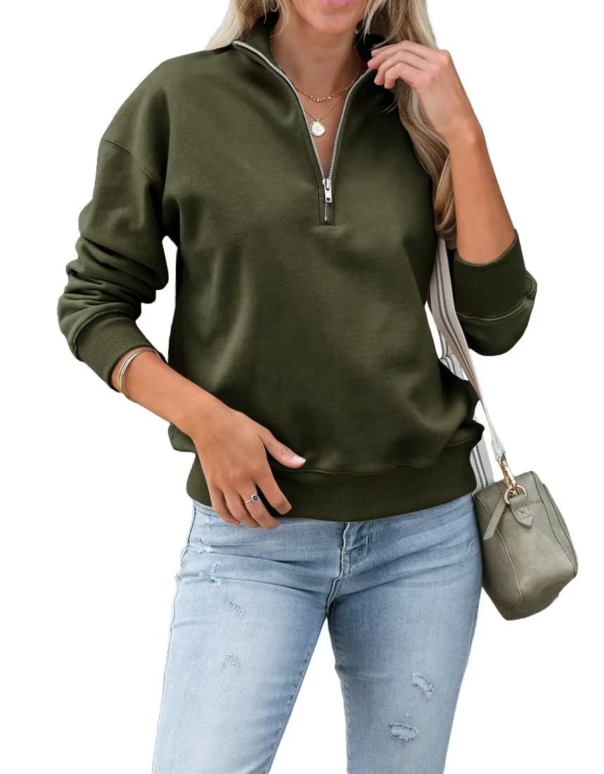 DressmineWomen's Lapel Collar Sweatshirts Tops Loose Fit Long Sleeve 1/4 Zip Pullover Sweatshirt for Women Army Green Medium, Army Green, M