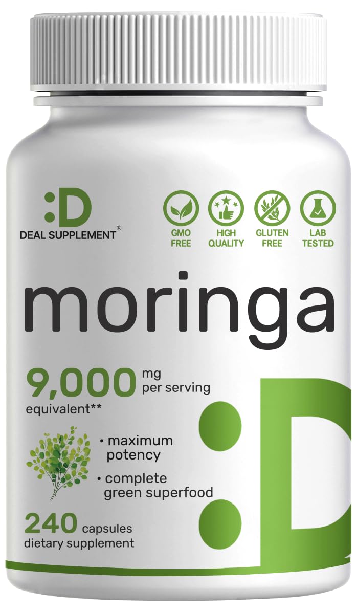 Moringa 9,000mg Herbal Equivalent, 240 Capsules – Maximum Potency Moringa Leaf Extract – Complete Green Superfood Supplement for Energy, Skin, & Immune Health Support – Non-GMO