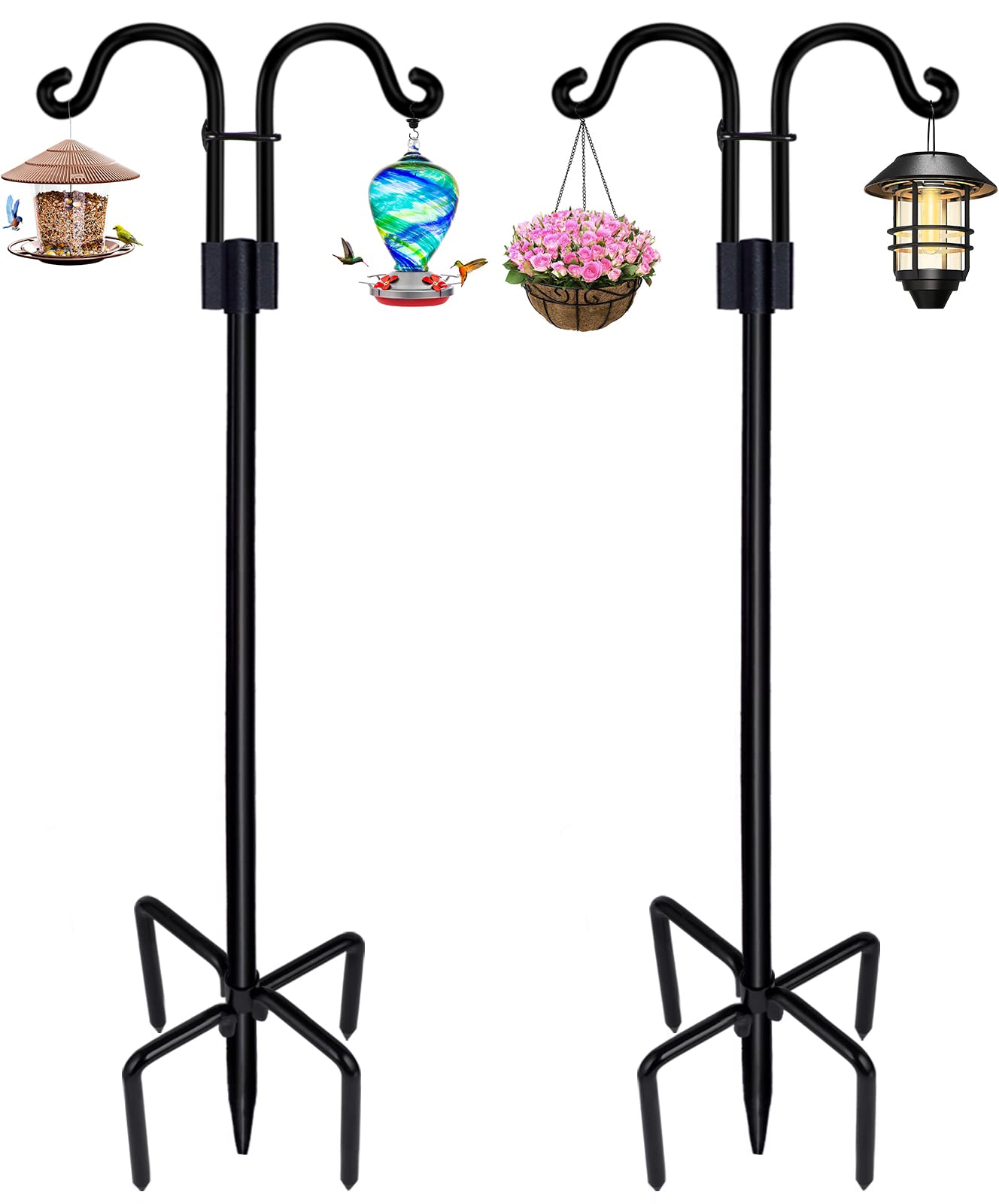 Double Shepherds Hooks for Outdoor, 2 Pack 76 Inch Bird Feeder Pole with 5 Prongs Base, Heavy Duty Garden Hook for Hanging Plant, Lantern, Hummingbird Feeder