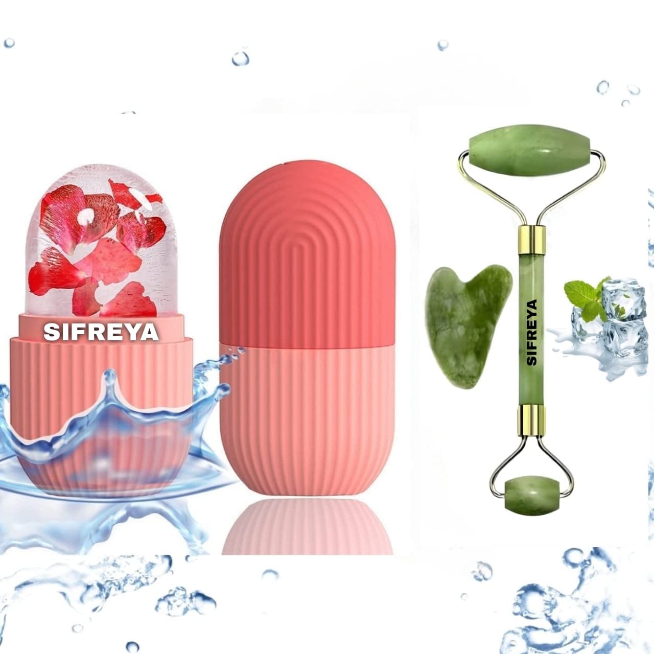 SIFREYA Face Stone Jade Roller Massager with Gua Sha And Ice Roller Set Facial Roller 100% Natural Jade Roller For Skin Eye Neck Body Ice Cube Roller Women Men Beauty Silicone Reusable