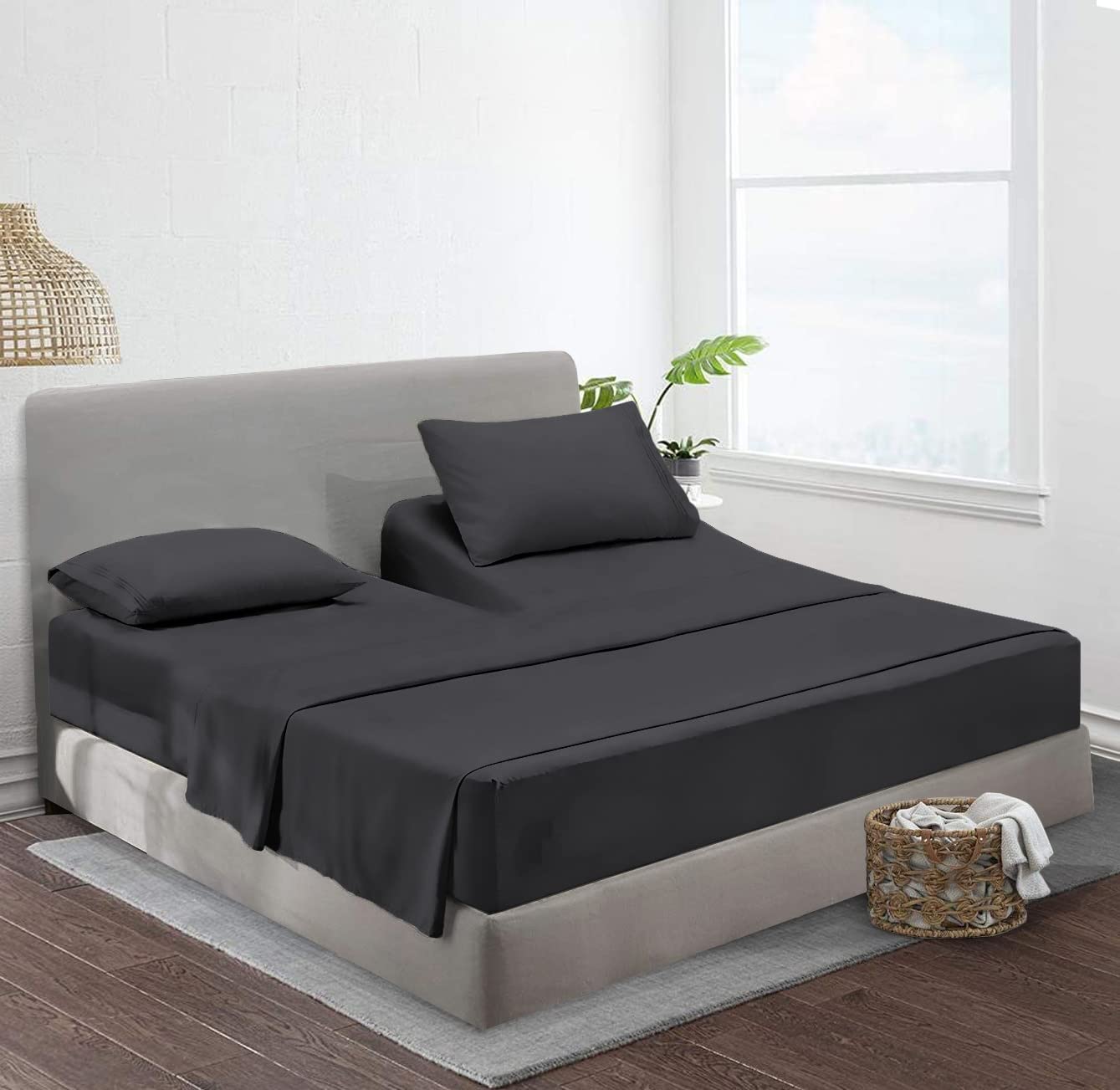 Flex Top King Sheets for sleep number sheets 36" Inch Top Split 100 % Egyptian Cotton 800 TC Split Top adjustable bed sheets (4 Pcs) Flex Head fit Upto 16"Deep Mattress ( Dark Gray Solid )