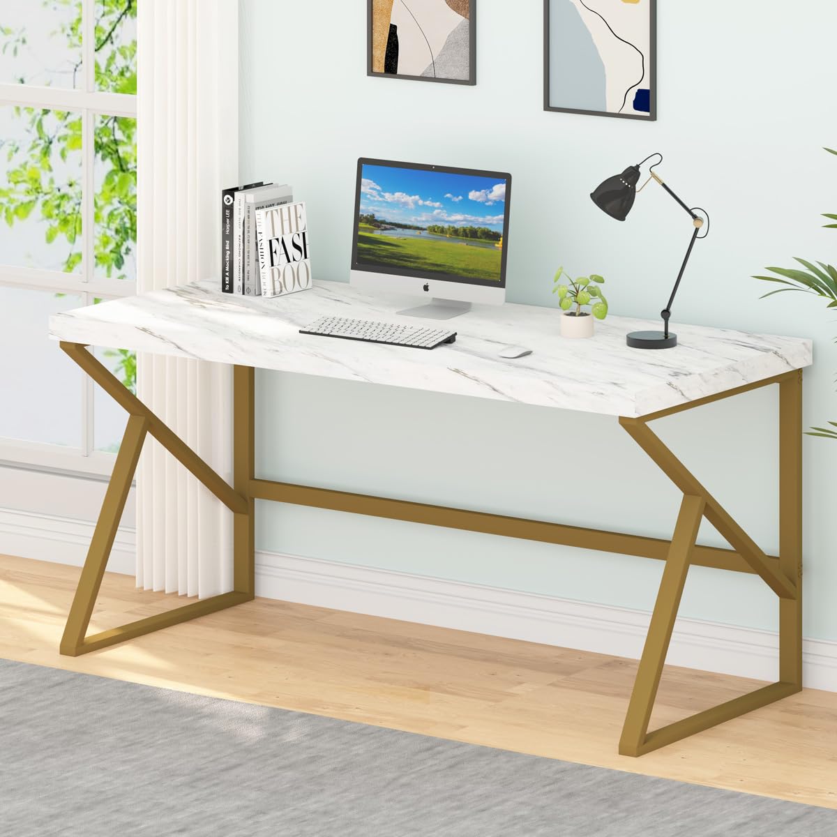 HSH White Faux Marble and Gold Desk, Modern Home Office Executive PC Laptop Computer Desk, Farmhouse Writing Study Work Gaming Table for Bedroom Living Room, Simple Metal Wood Workstation, 55 Inch