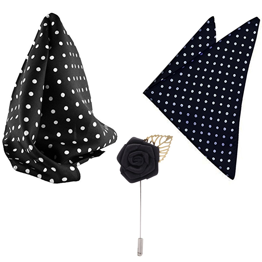 Black and Navy Blue Polka Premium Mens Solid Micro Fiber Silk Satin Pocket Square Along with Black Rose Lapel Pin Men Brooch Boutonniere Tuxedo Pin- Pack of 3