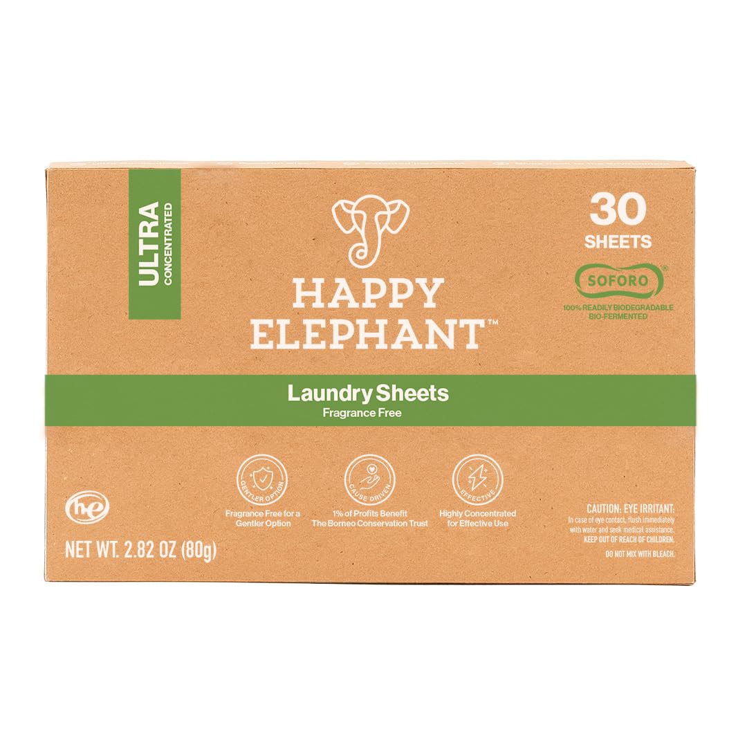 Happy ElephantLaundry Detergent Sheets - Ultra Concentrated, Eco Sheets, Soap, High Efficiency, Power Clean, No Plastic Jug, Front Load Top Load Hand Wash - Fragrance Free - 30 count (Pack of 1)