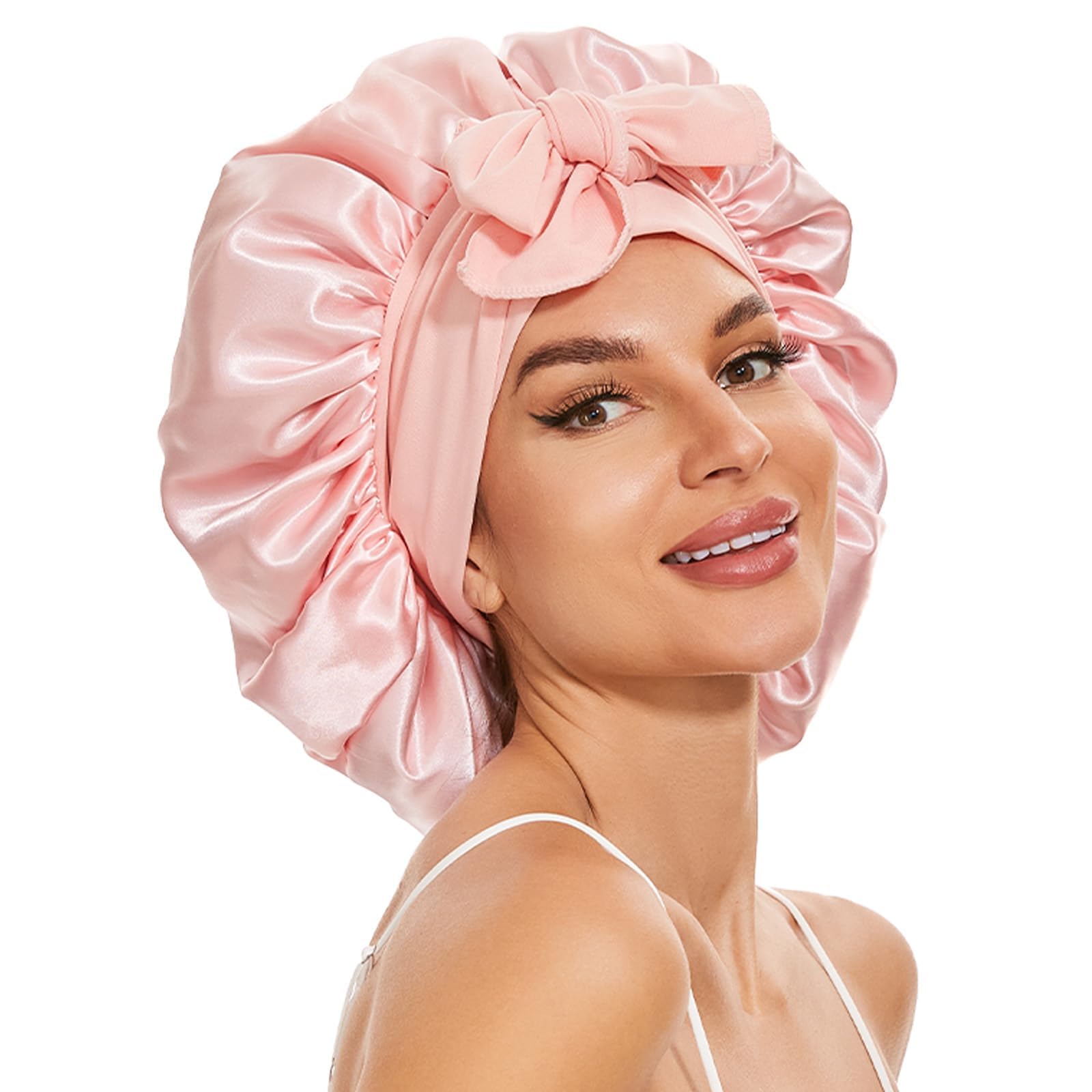 Large Silk Bonnet for Sleeping, Satin Hair Bonnet for Sleeping with Tie Band, Double Layer Satin Bonnets for Women Natural Curly Hair Shower cap (Sakura Pink)