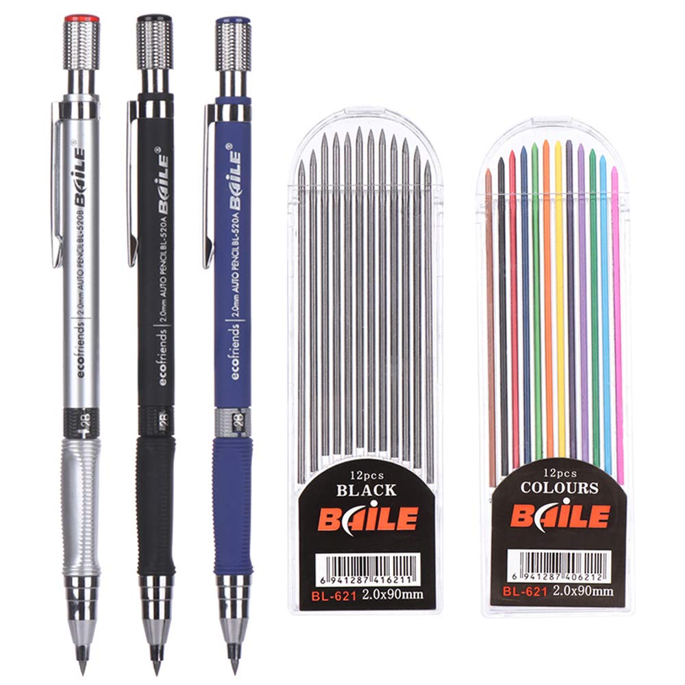 5pcs 2.0 mm Mechanical Pencil Lead Holder Set, 3pcs Automatic Pencils and 2 Cases Lead Refills (Color & Black) for Draft Drawing Writing Crafting Art Sketching Student Gift Office School Supplies