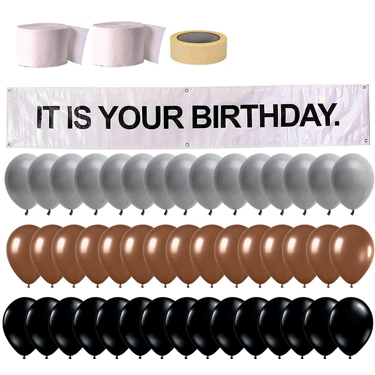 It is Your Birthday Banner, The Office Dwight Theme Infamous Husband Birthday Party Decorations, Brown Black Grey Balloon with White Streamers Tape 49Pcs Full Kit